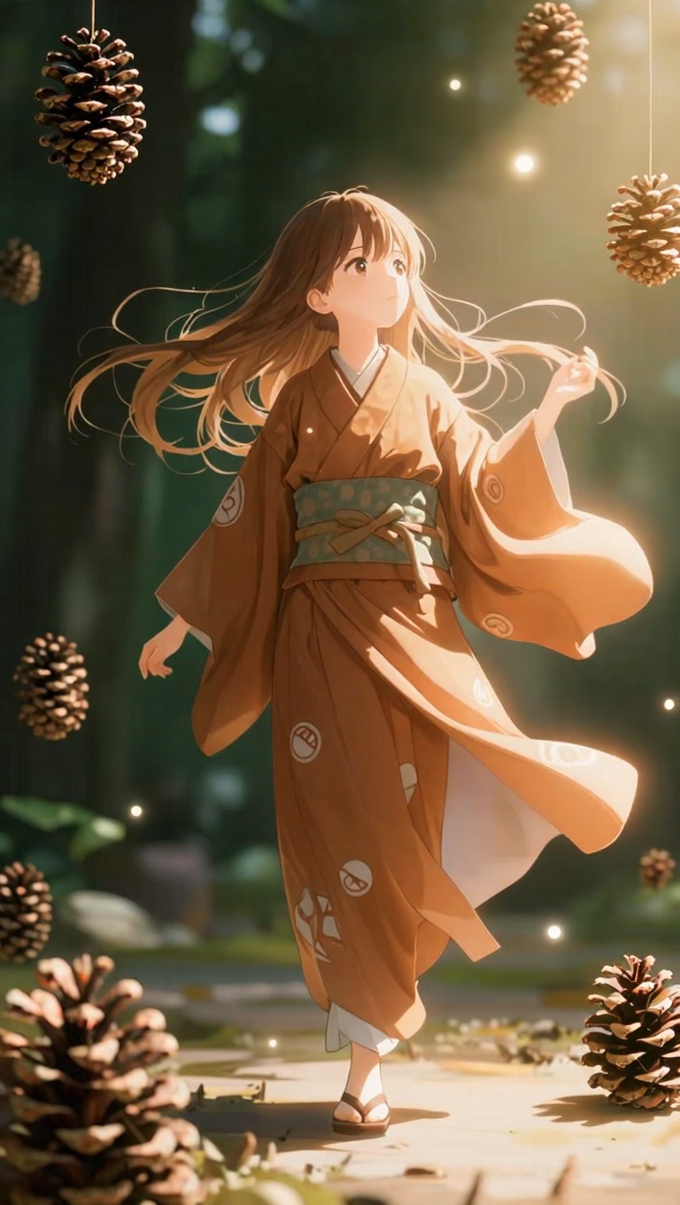 pine cone spirit anime girl shrine maiden pine ornaments kimono soft brown palette gentle floating pose long flowing sepia...
