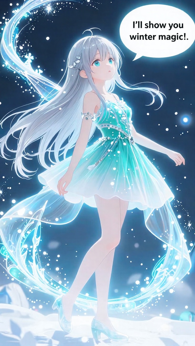 December ice fairy anime girl full body turquoise dress translucent fabric snow particles floating long silver hair cyan e...