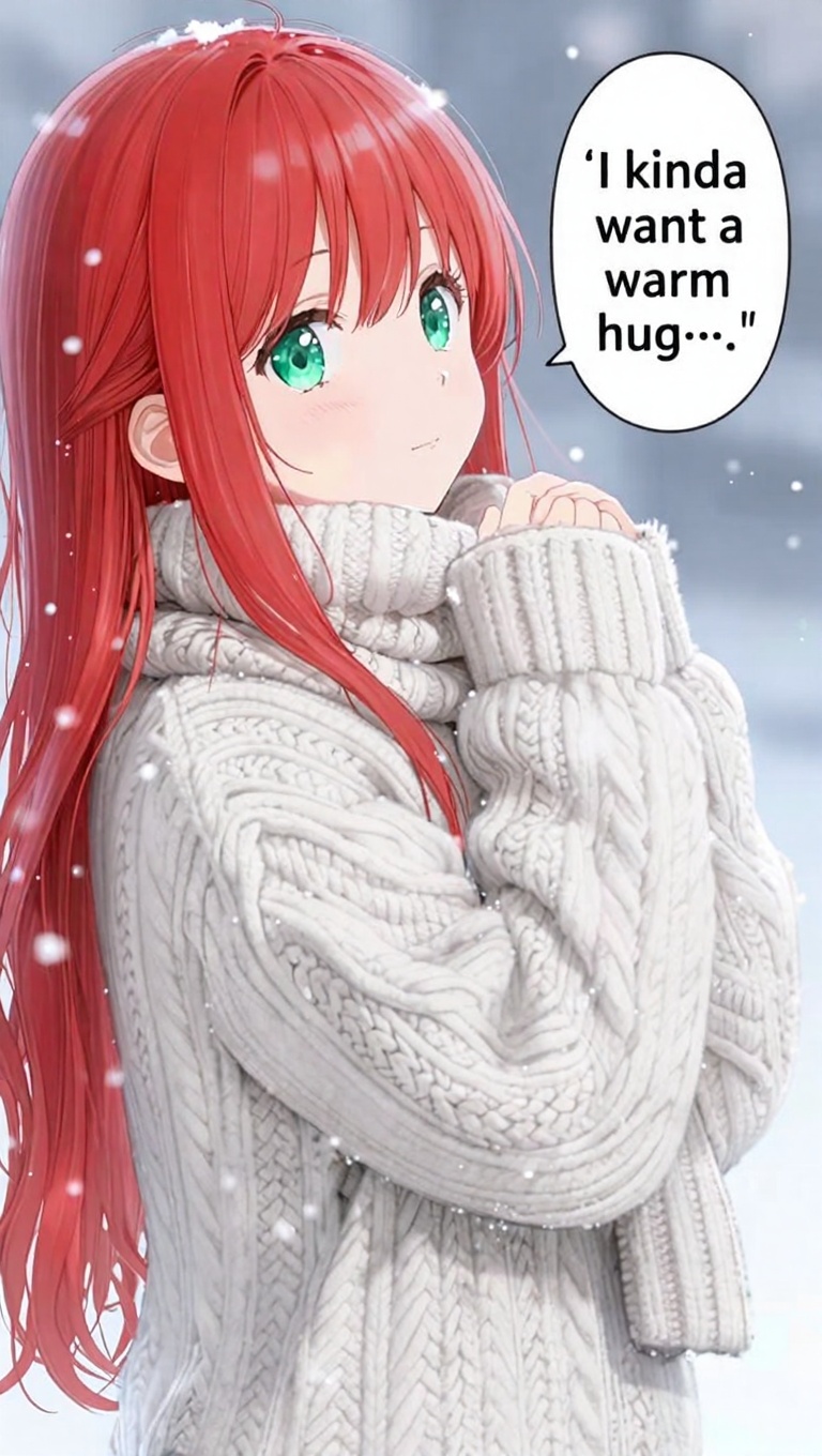 December knit sweater anime girl standing thick cable knit cute oversized sleeves long soft red hair gentle emerald eyes w...