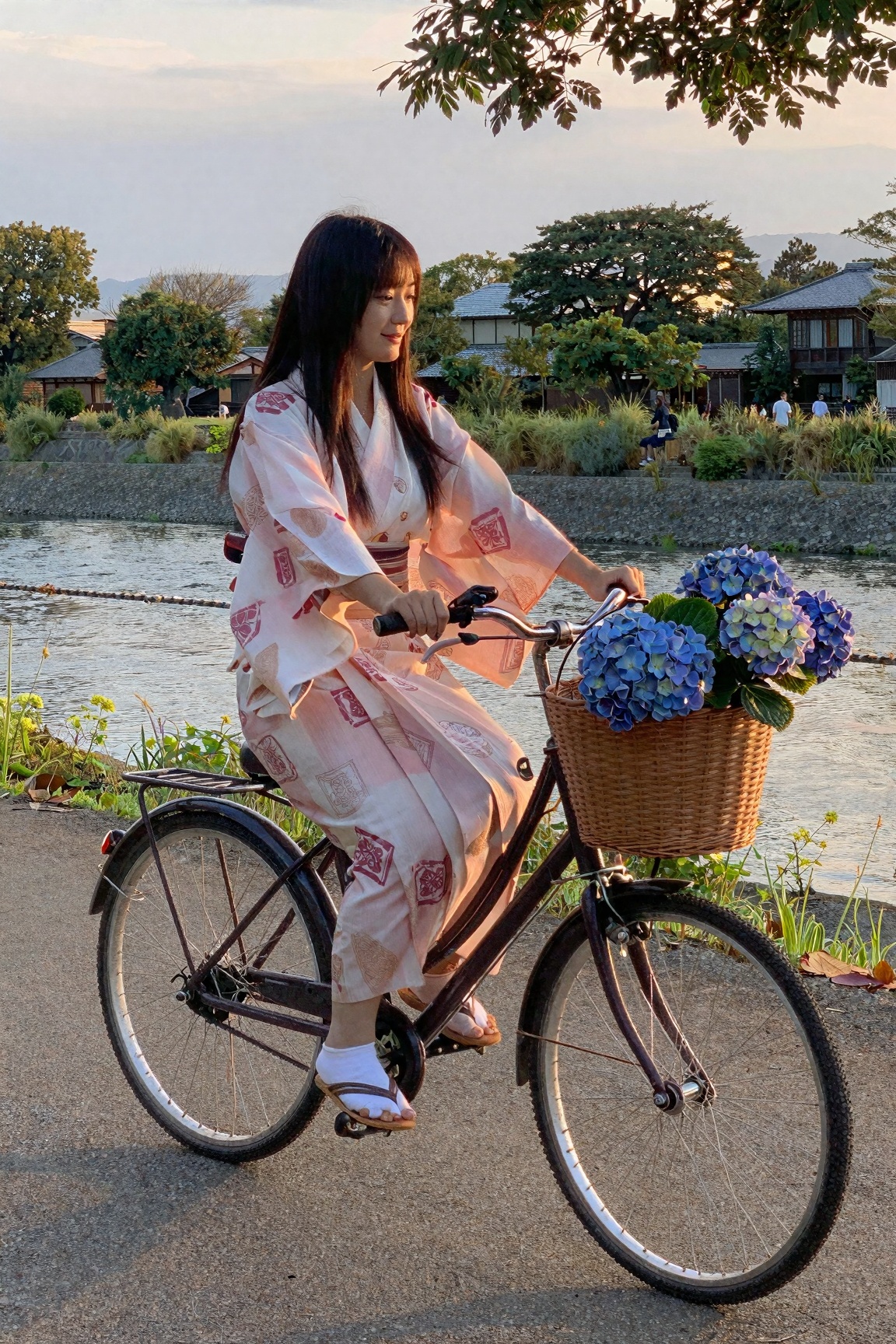 A Kyoto university student with long straight black hair riding a mama-chari bicycle over the Kamo River bridge at sunset,...