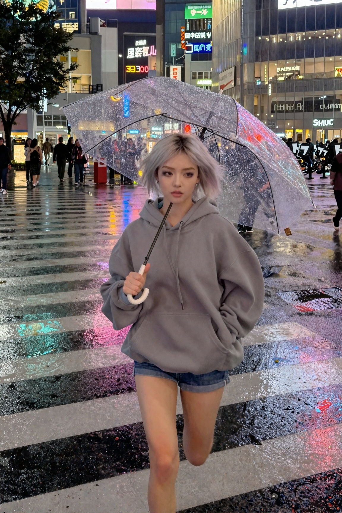 A Shibuya girl with bleached silver hair and under-eye aegyo-sal makeup running across the famous scramble crossing in sud...