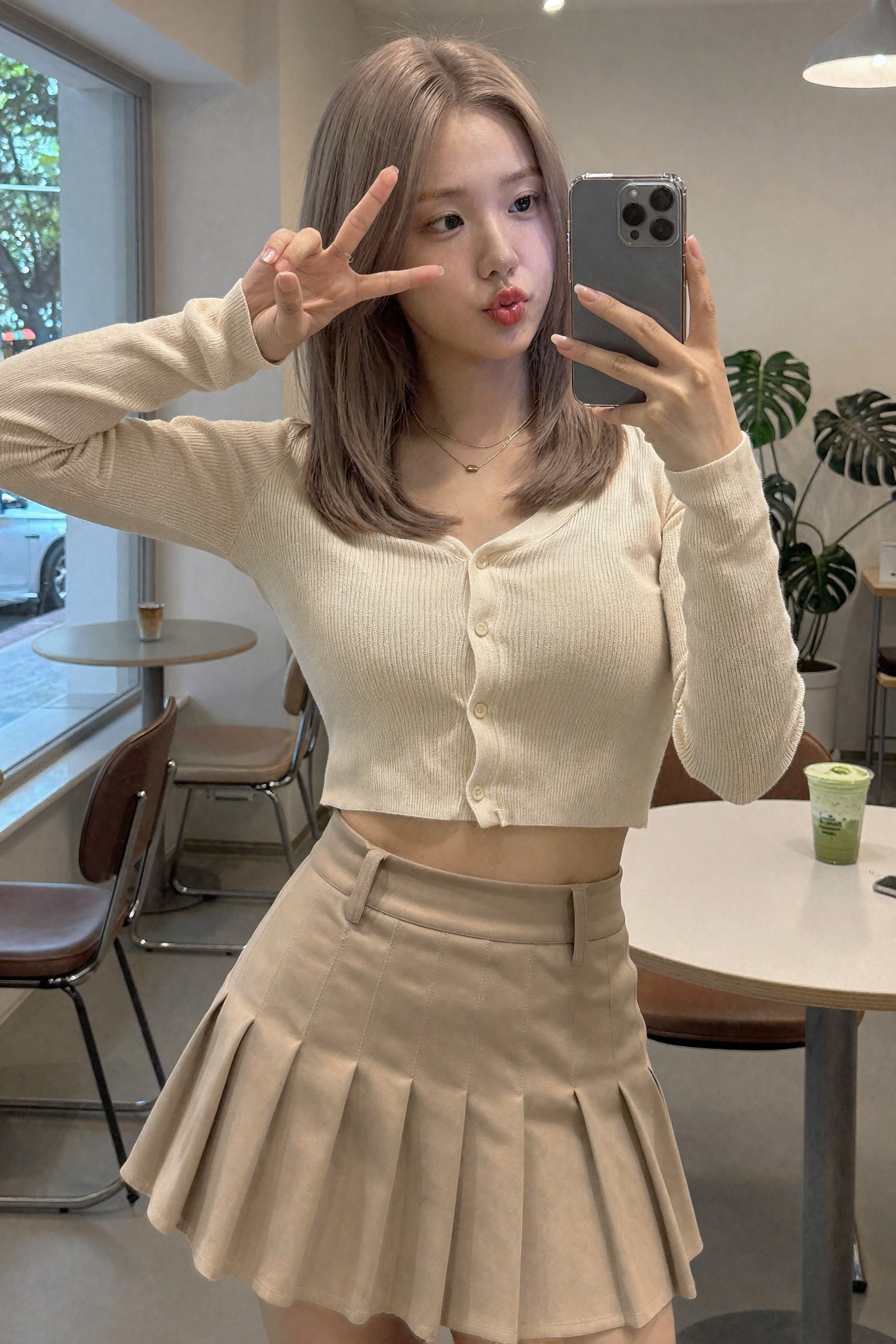 A gorgeous Korean woman with straight shoulder-length hair dyed ash-milk-tea color,  taking a mirror selfie in a minimalis...