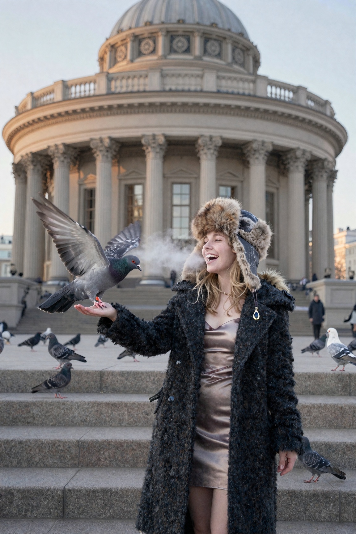 A Siberian girl with icy-blue eyes and fur ushanka hat feeding pigeons in front of Kazan Cathedral,  long black coat open...