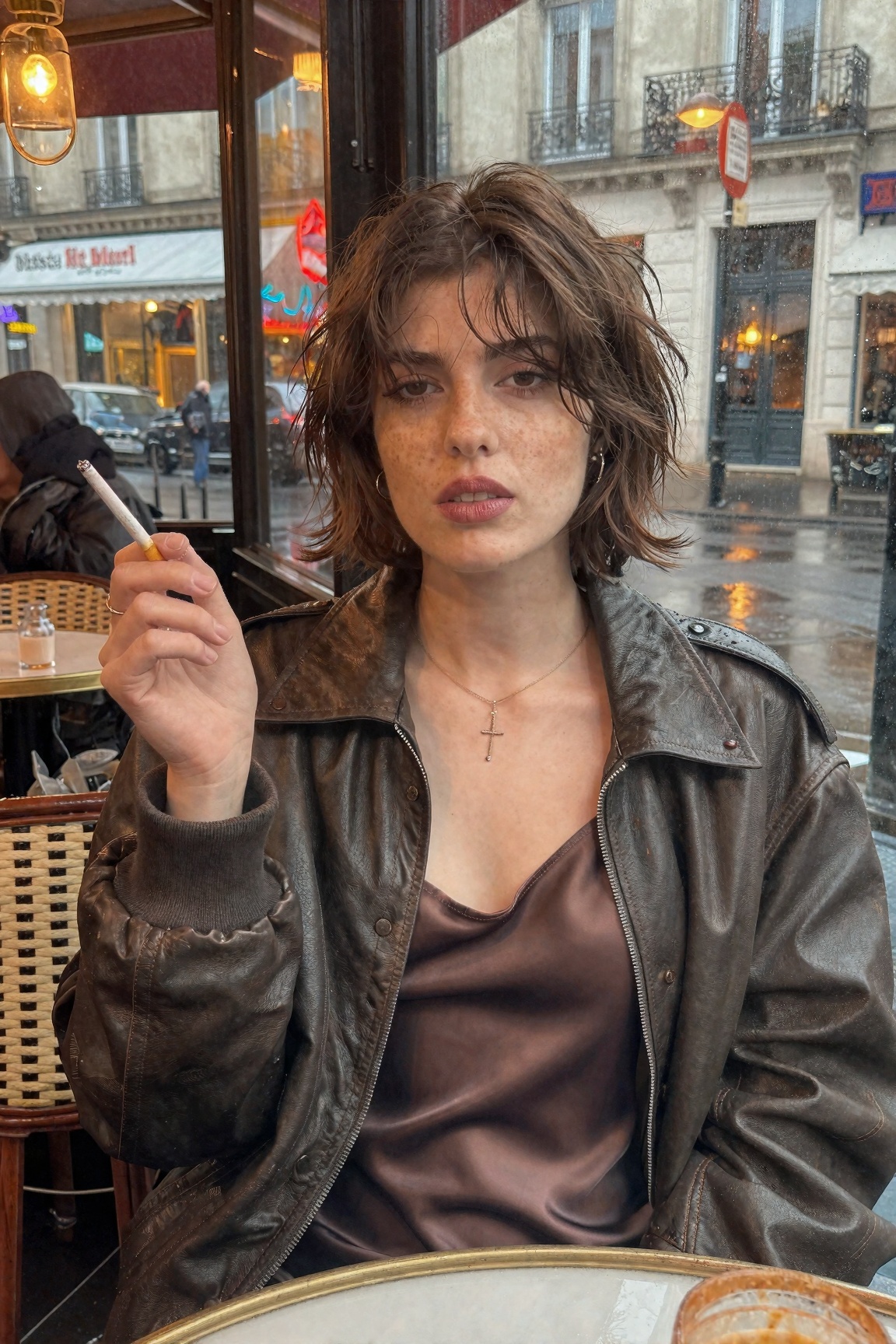 A French girl with freckles and messy short bob smoking a cigarette outside a Paris café in the rain,  wearing a vintage l...