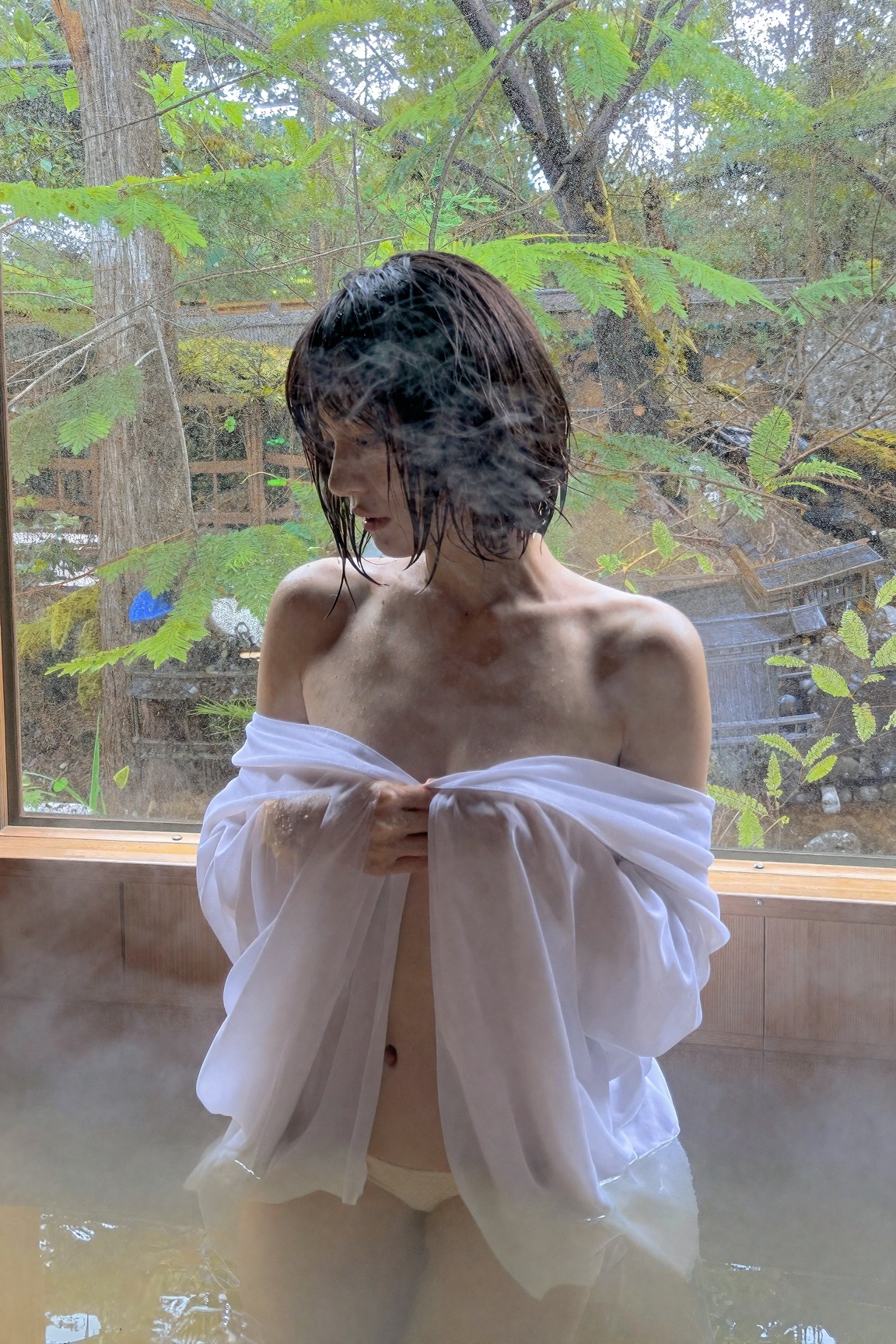 A girl with short bob stepping out of a cedarwood hinoki bath in Hakone,  steam swirling around her naked silhouette,  onl...