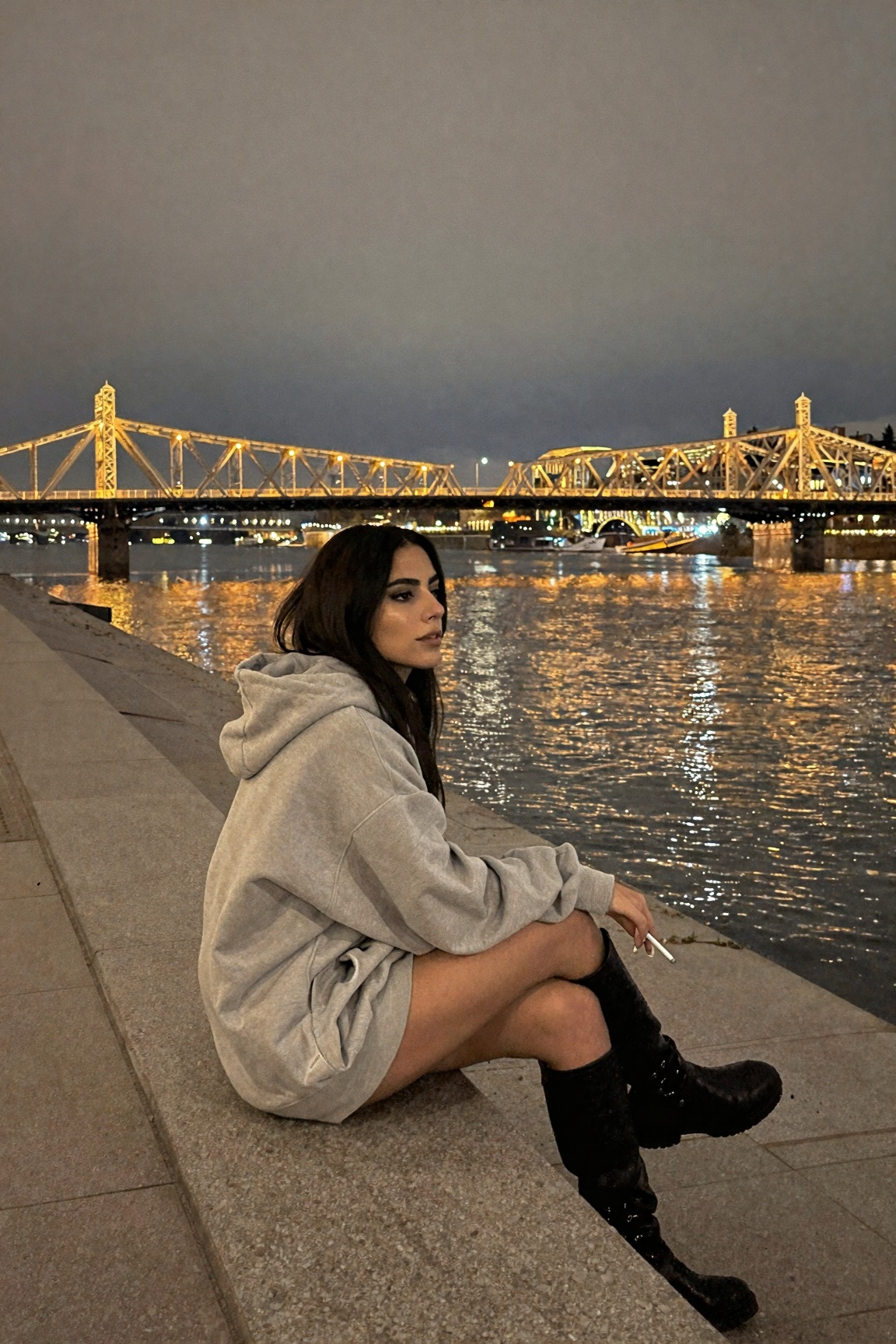 A St. Petersburg brunette with sharp cheekbones sitting alone on the embankment of the Neva at white night 2 a.m.,  wearin...