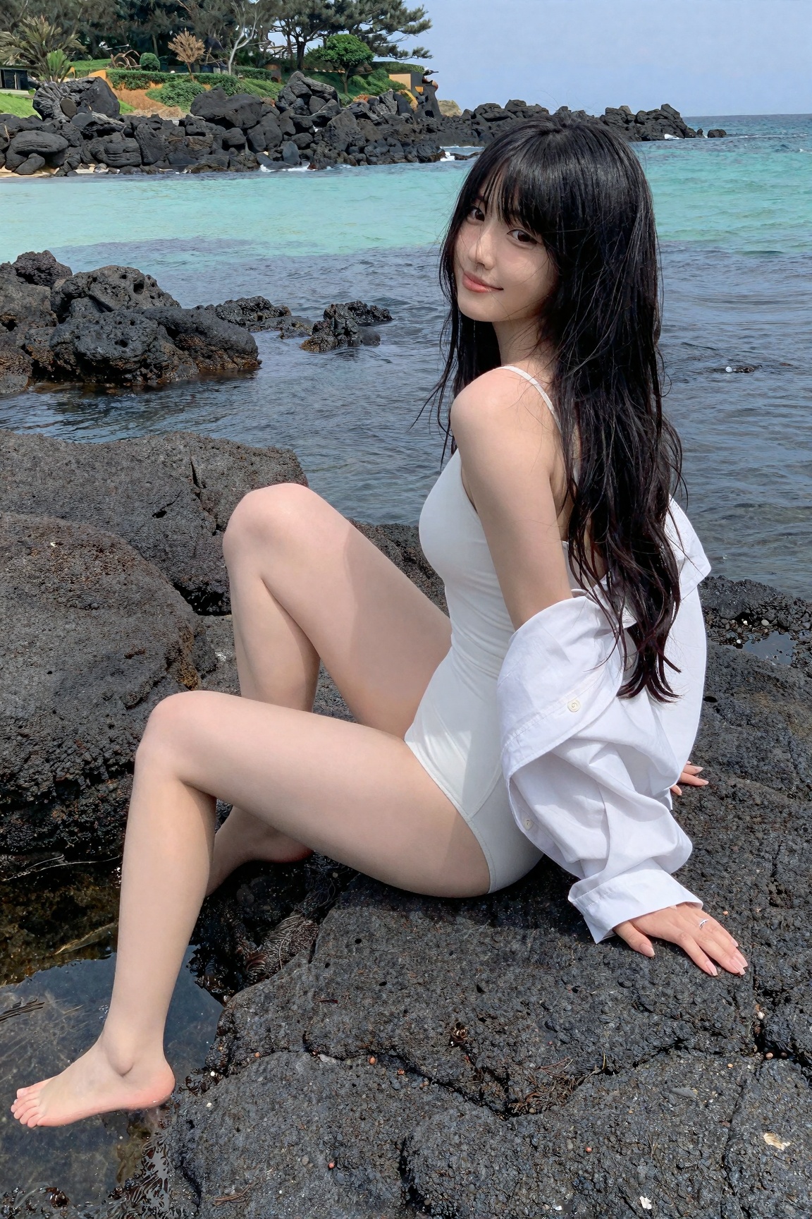 A Jeju girl with long black hair and curtain bangs,  sitting on black volcanic rocks,  wearing a white one-piece swimsuit...