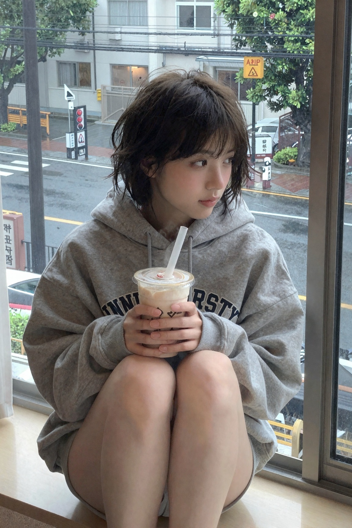 A petite Japanese girl just woke up,  sitting on the windowsill in an oversized university hoodie,  knees to chest on Tens...