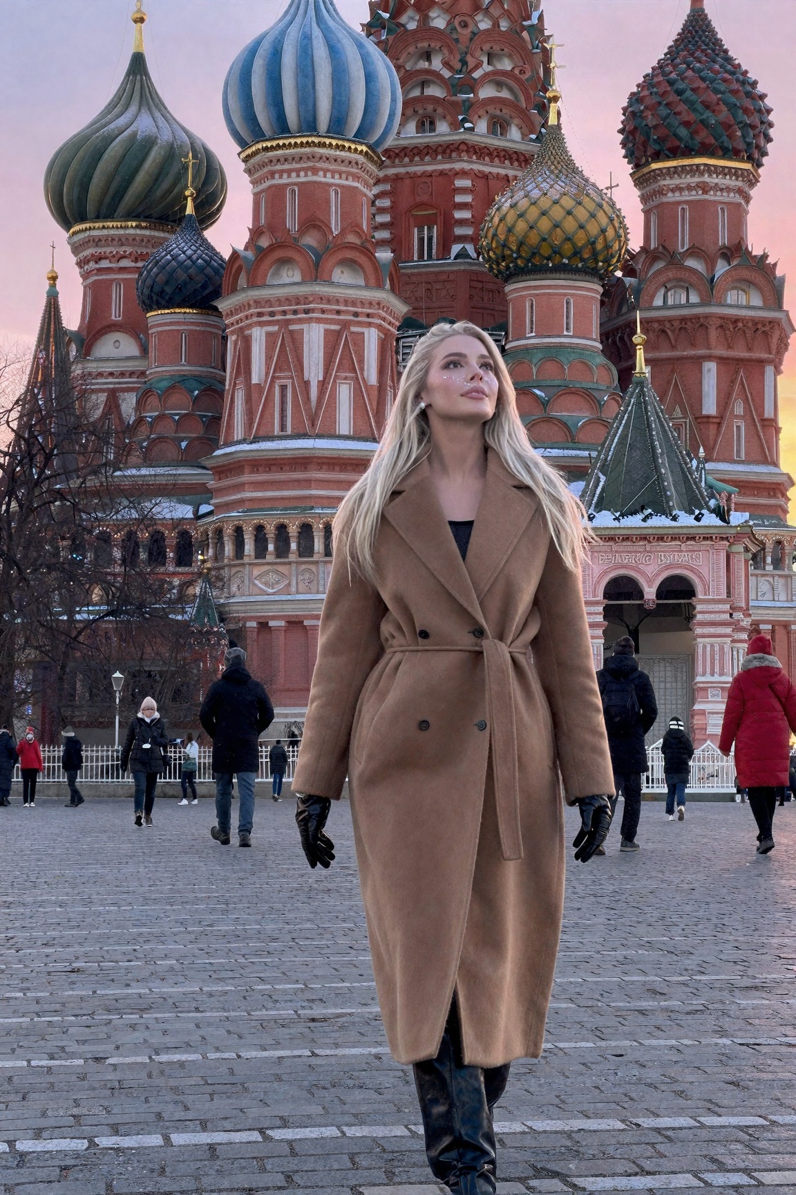 A tall Moscow girl with platinum-blonde hair down to her waist walking across Red Square at -15 °C,  wearing a long camel...