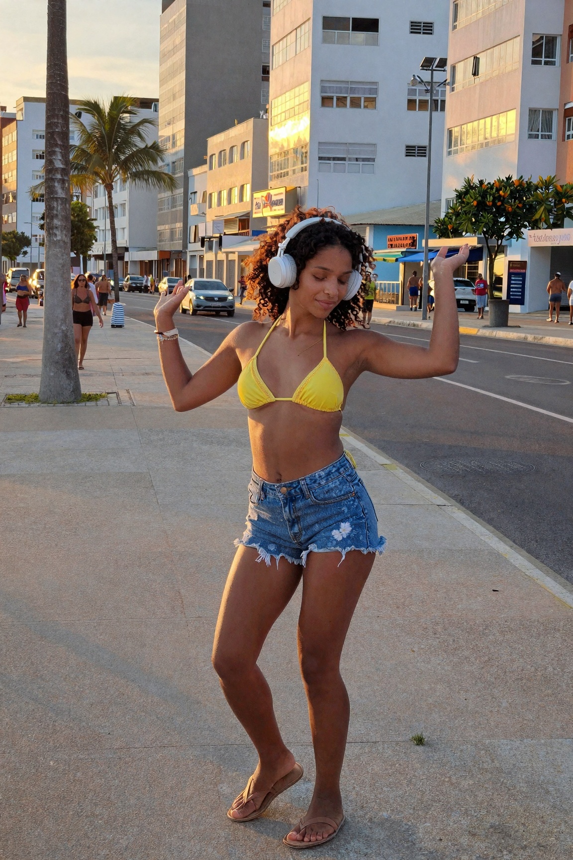 A Brazilian girl with sun-kissed skin and curly hair dancing alone with earphones on Copacabana sidewalk at sunset,  tiny...