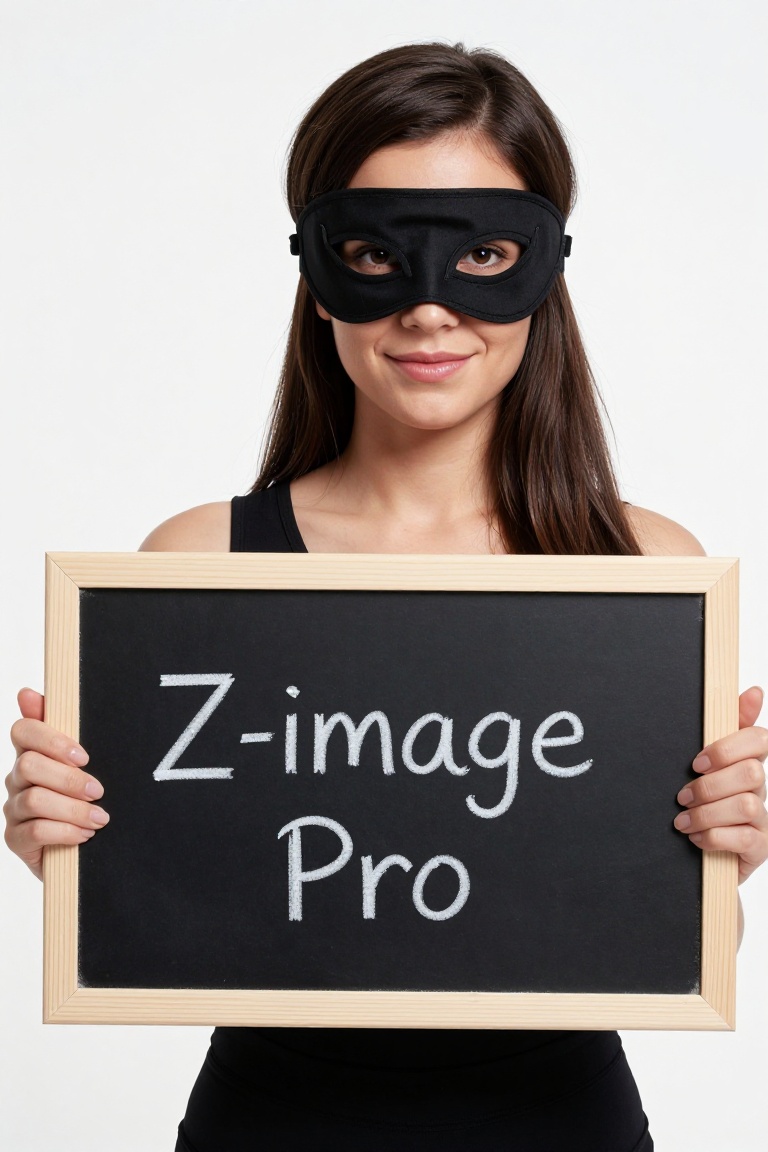 a woman wearing playboy mask,  holding a board wrote: Z-image Pro on Tensor.Art