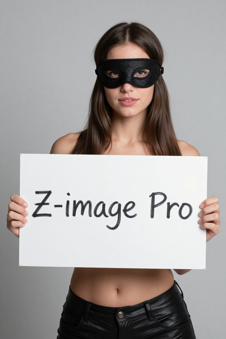 a woman wearing playboy mask,  holding a board wrote: Z-image Pro on Tensor.Art