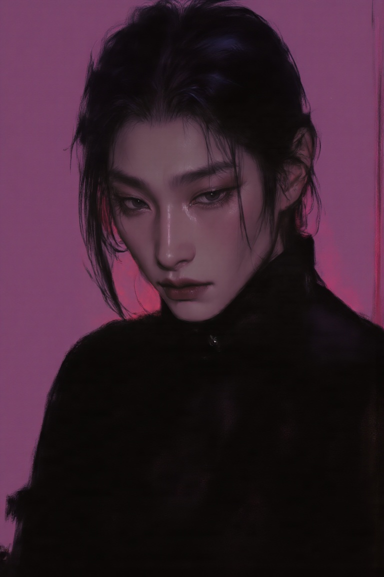 Create a portrait of an ***** Asian woman with black eyes and black hair,  looking directly at the viewer with a stoic exp...