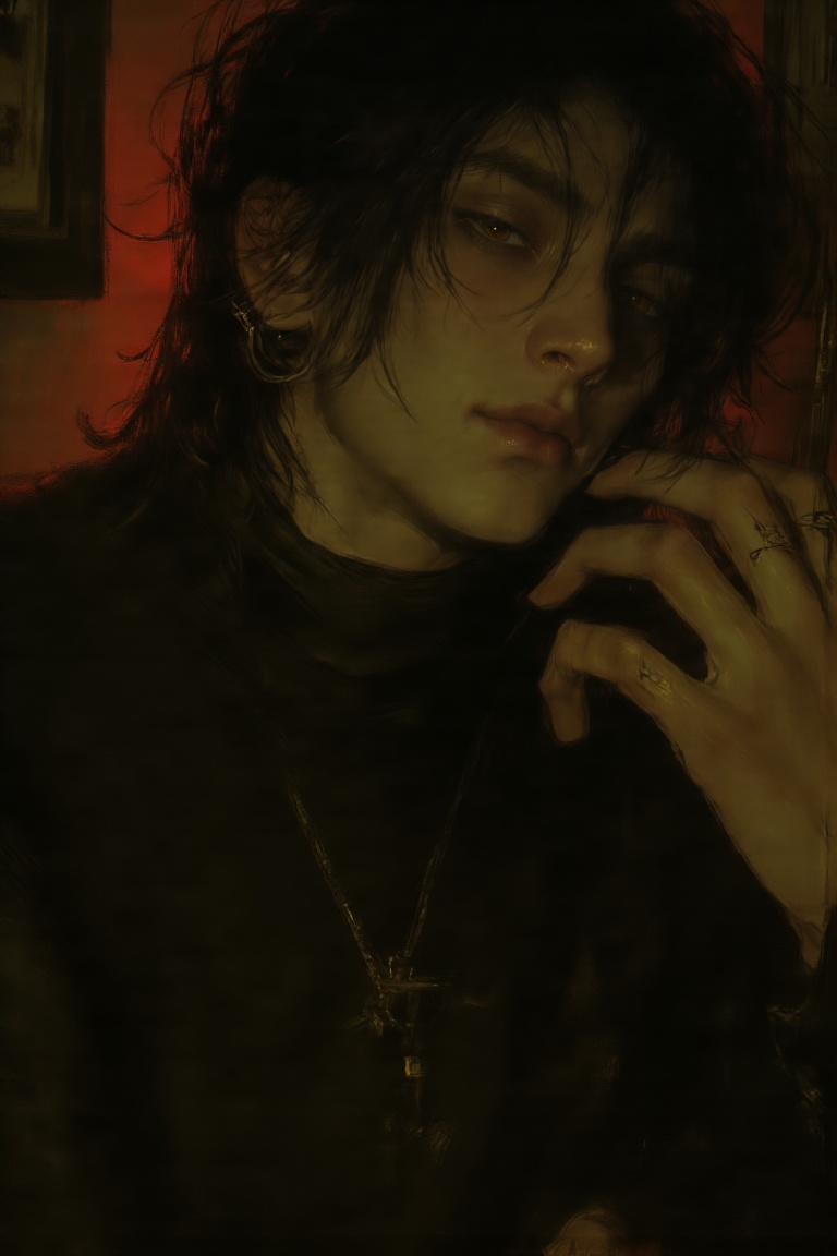 The image depicts a young individual with tousled dark hair and striking orange eyes. The person is wearing a black turtle...