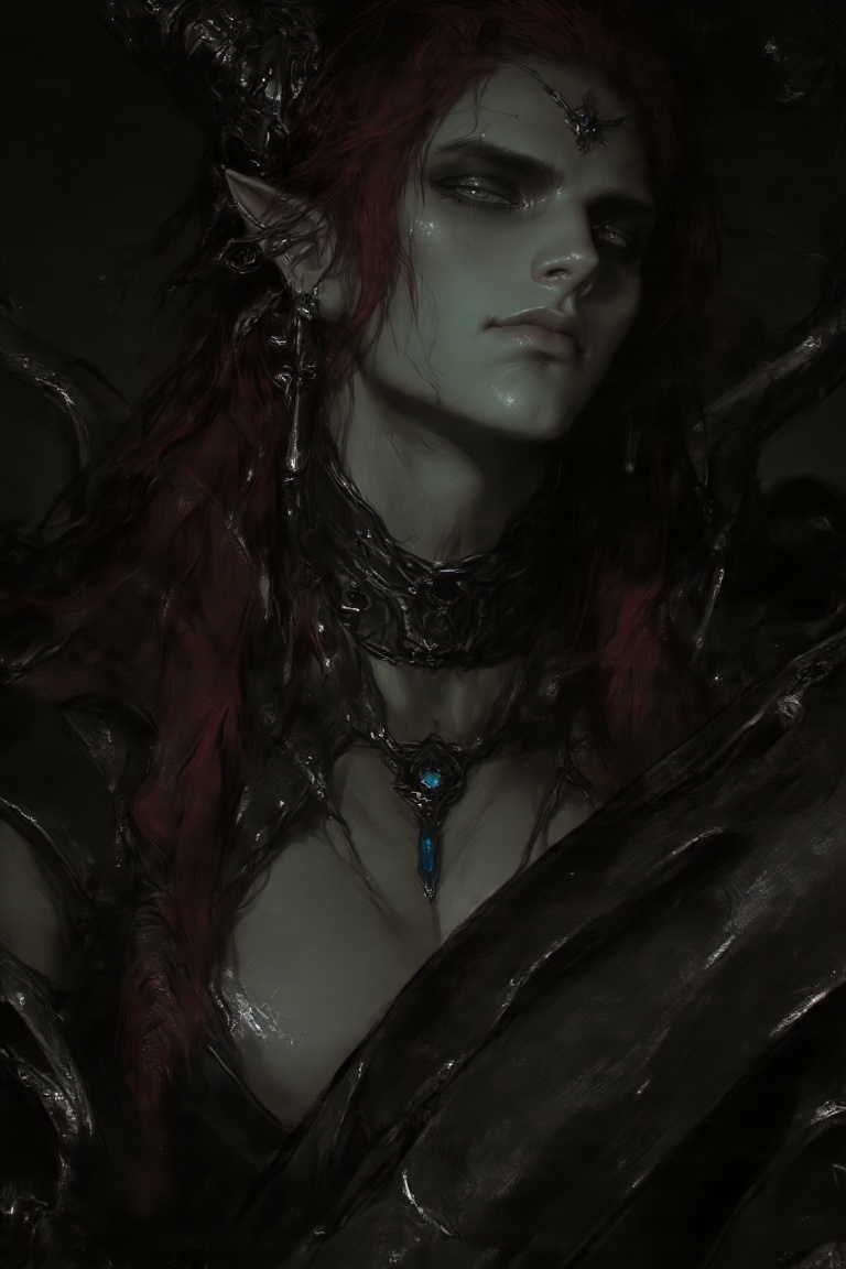 The image depicts a fantasy character with striking red hair and pointed ears,  suggesting an elven or demonic origin. The...