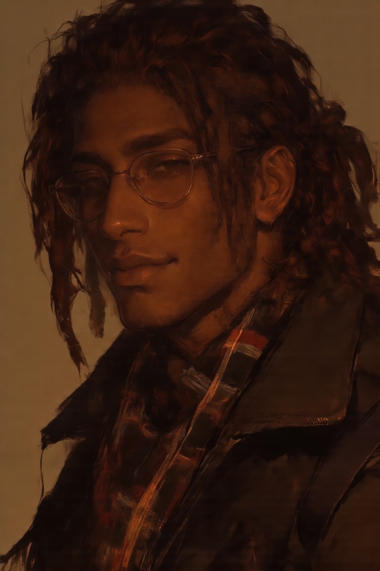 The image depicts a dark skinned man of African American descendency. He has long brown dreadlocks in a high ponytail,  we...
