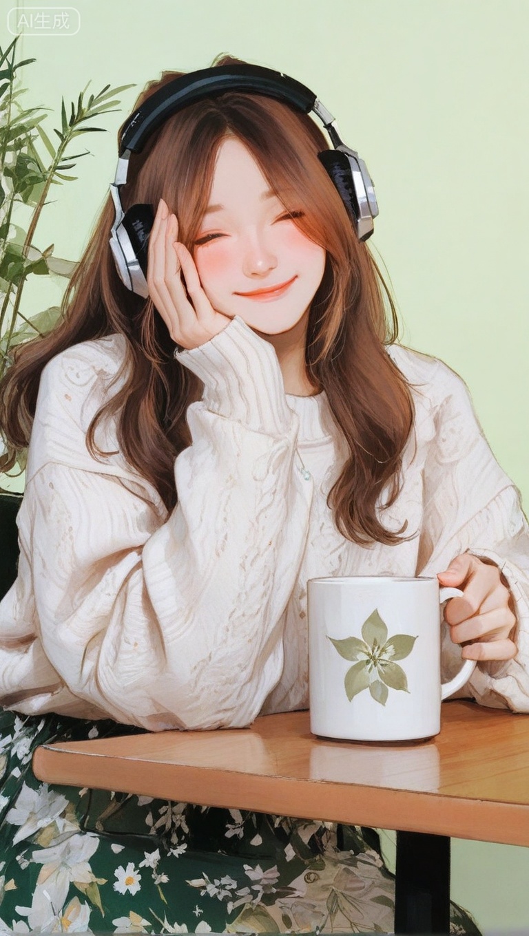 masterpiece, best quality, good quality, newest, highres, absurdres,1girl, solo, long hair, blush, smile, skirt, brown hair, long sleeves, holding, sitting, closed eyes, sweater, cup, headphones, floral print, table, plant, holding cup, facing viewer, hand on own face, green background, head rest, mug, listening to music, Flatline, Flat vector illustration,
klaus_style,      