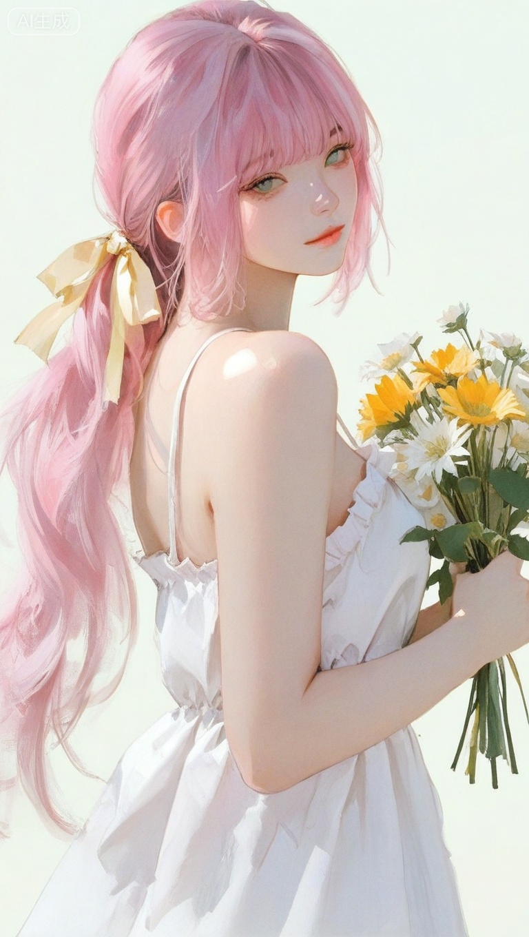 1girl, solo, long hair, looking at viewer, bangs, simple background, pink hair, dress, ribbon, holding, bare shoulders, green eyes, very long hair, closed mouth, pink hair, standing, hair ribbon, upper body, ponytail, flower, frills, sleeveless, white dress, from side, looking to the side, bare arms, sleeveless dress, leaf, white flower, low ponytail, yellow ribbon, bouquet, yellow flower, holding flower, spaghetti strap, sundress, holding bouquet,

masterpiece,extremely detailed,best quality,very aesthetic

