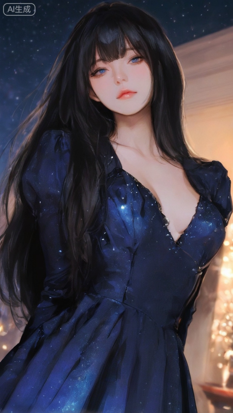 ((score_9_up, score_8_up, score_7_up, absurdres, masterpiece, best quality, amazing quality)), 1person, beautiful, cute,//1girl, solo, very long hair, breasts, blue eyes, starry sky chiffon dress, upper body, black hair, looking at viewer, standing, arms behind back, Rich Girl, modern times, masterpiece, best quality, very aesthetic, absurdres, blurry background, light particles, blurry foreground, dutch angle, light particles, attractive image