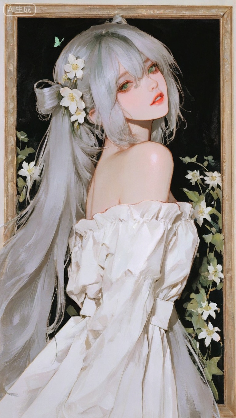 masterpiece,best quality,good quality,very aesthetic,A shot with tension,impactful picture,offcial art,movie perspective,masterpiece,facing the lens,best quality,very aesthetic,extremely delicate and beautiful,solo_focus,masterful details,intricate details,soothing tones,high contrast,natural skin texture,soft light,sharp,ultra-high resolution,((medium_shot)),upper_body,outline,xrjh01,xrjh01,32K UHD,
1girl, solo, long hair, looking at viewer, bangs, hair ornament, dress, ribbon, hair between eyes, bare shoulders, twintails, very long hair, green eyes, flower, grey hair, cowboy shot, parted lips, hair flower, off shoulder, white dress, from side, bug, white flower, butterfly, hair rings, off-shoulder dress