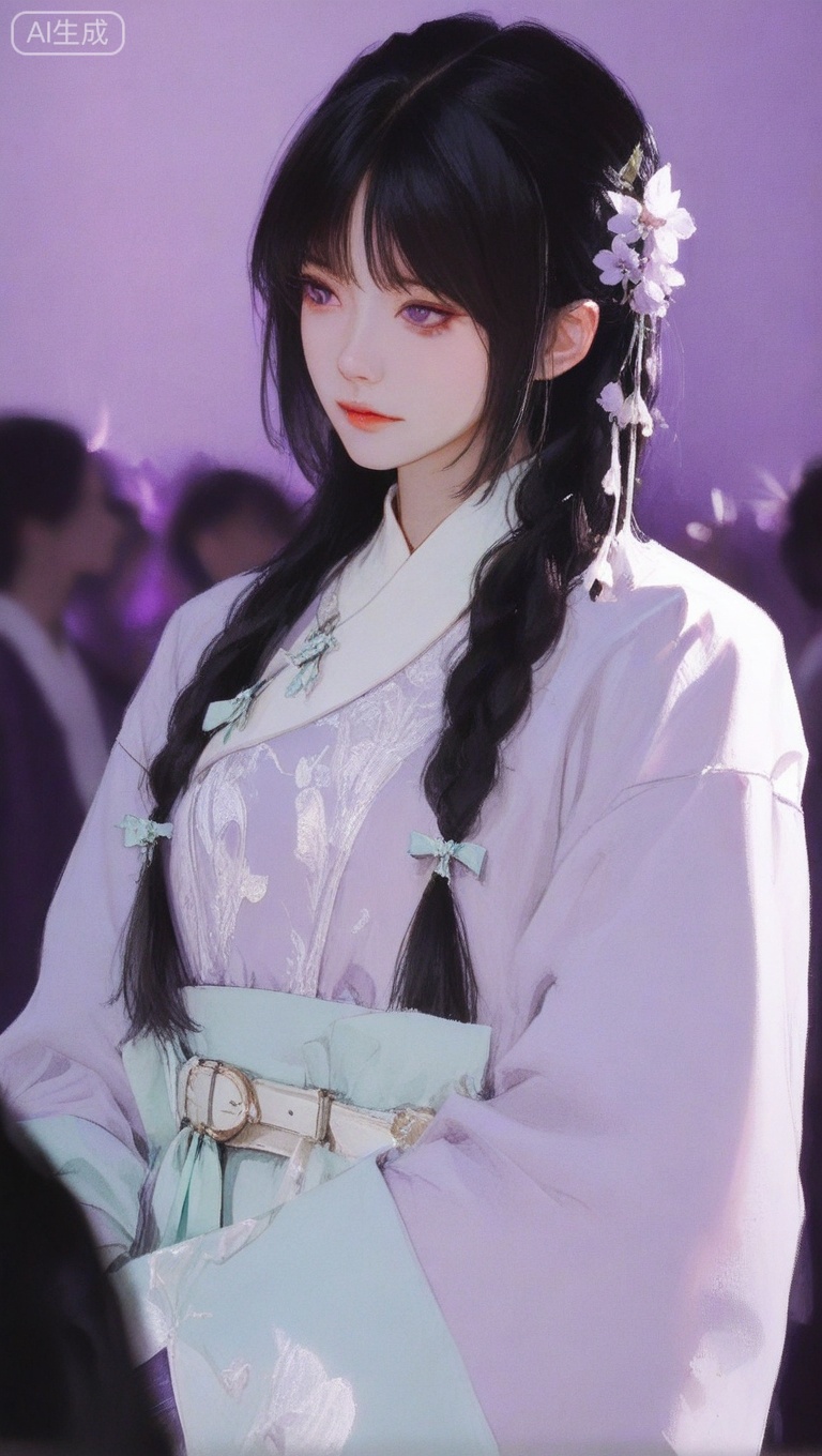 A tension shot, an impact picture, official art, movie perspective, masterpiece, facing the camera, best quality, very aesthetic, very delicate beauty, huge file size, amazing quality, 32K UHD,solo_focus, (1 girl, black hair, braids, upper body), anime, long hair,solo, gaze at the audience, Purple background, standing, above waist, Female focus, Long sleeves, Chinese clothing, wide sleeves, Hanfu, Belt, fringe, ribbon decoration, lonely, black hair, purple eyes, long hair, hair accessories, eye hair accessories, white clothing.
Simple background, depth of field, sunlight, Reflection, superb detail, intricate detail, Soothing tones, High contrast, natural skin texture, soft light, sharp Ultra High resolution, 32K UHD,((medium_shot)), upper body,(gongbihua:1.3), Representative, High quality, (a painting style of Gongbi flower: 1.1), Chinese dress, solo, facing the audience, looking at the audience, Lilac flower.