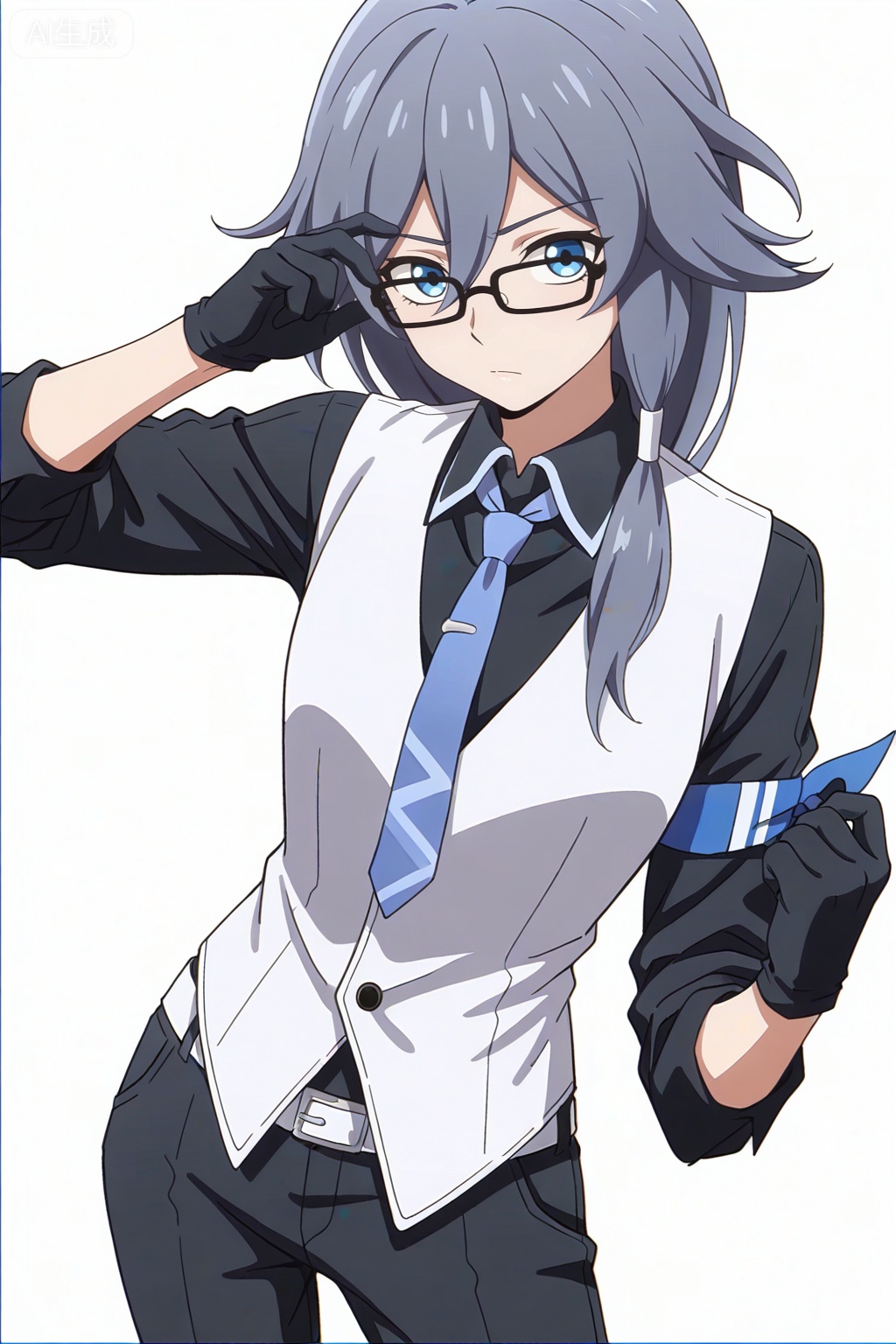 masterpiece, best quality,solo,((white background:1.2)),simple background,, 
looking at viewer,anime_style,fu_hua,blue eyes,grey hair,hair ornament,hair between eyes,blue armband,white vest,collared shirt,black pants,black footwear,black shirt,white belt,black-framed eyewear,blue necktie,necktie,eyebrows visible through hair,glasses,black gloves,bespectacled