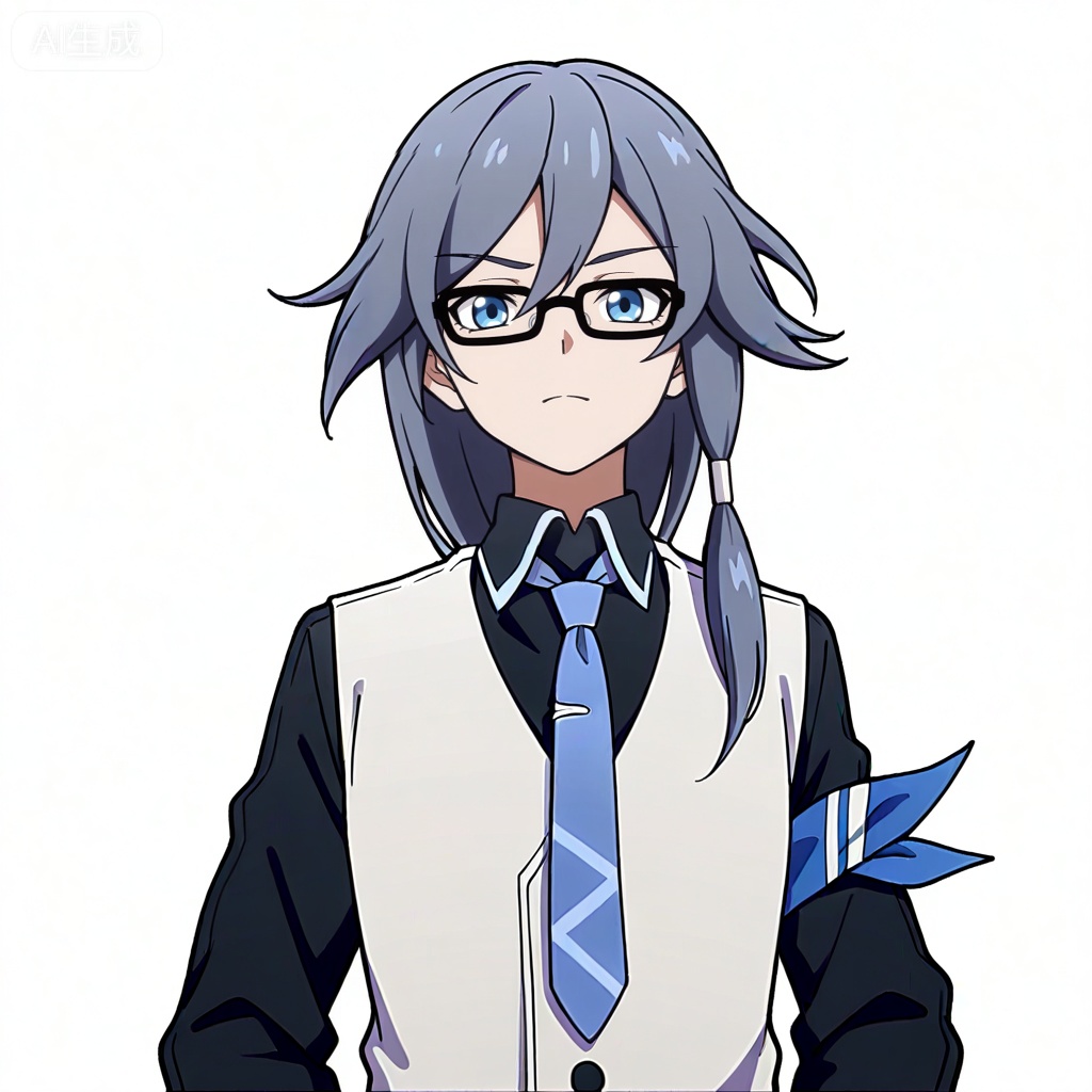 masterpiece, best quality,solo,((white background:1.2)),simple background,, 
looking at viewer,anime_style,fu_hua,blue eyes,grey hair,hair ornament,hair between eyes,blue armband,white vest,collared shirt,black pants,black footwear,black shirt,white belt,black-framed eyewear,blue necktie,necktie,eyebrows visible through hair,glasses,black gloves,bespectacled