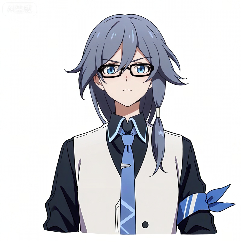 masterpiece, best quality,solo,((white background:1.2)),simple background,, 
looking at viewer,anime_style,fu_hua,blue eyes,grey hair,hair ornament,hair between eyes,blue armband,white vest,collared shirt,black pants,black footwear,black shirt,white belt,black-framed eyewear,blue necktie,necktie,eyebrows visible through hair,glasses,black gloves,bespectacled