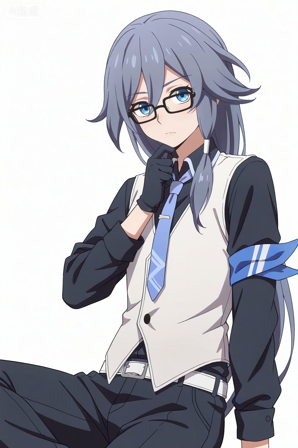 masterpiece, best quality,solo,((white background:1.2)),simple background,, 
looking at viewer,anime_style,fu_hua,blue eyes,grey hair,hair ornament,hair between eyes,blue armband,white vest,collared shirt,black pants,black footwear,black shirt,white belt,black-framed eyewear,blue necktie,necktie,eyebrows visible through hair,glasses,black gloves,bespectacled