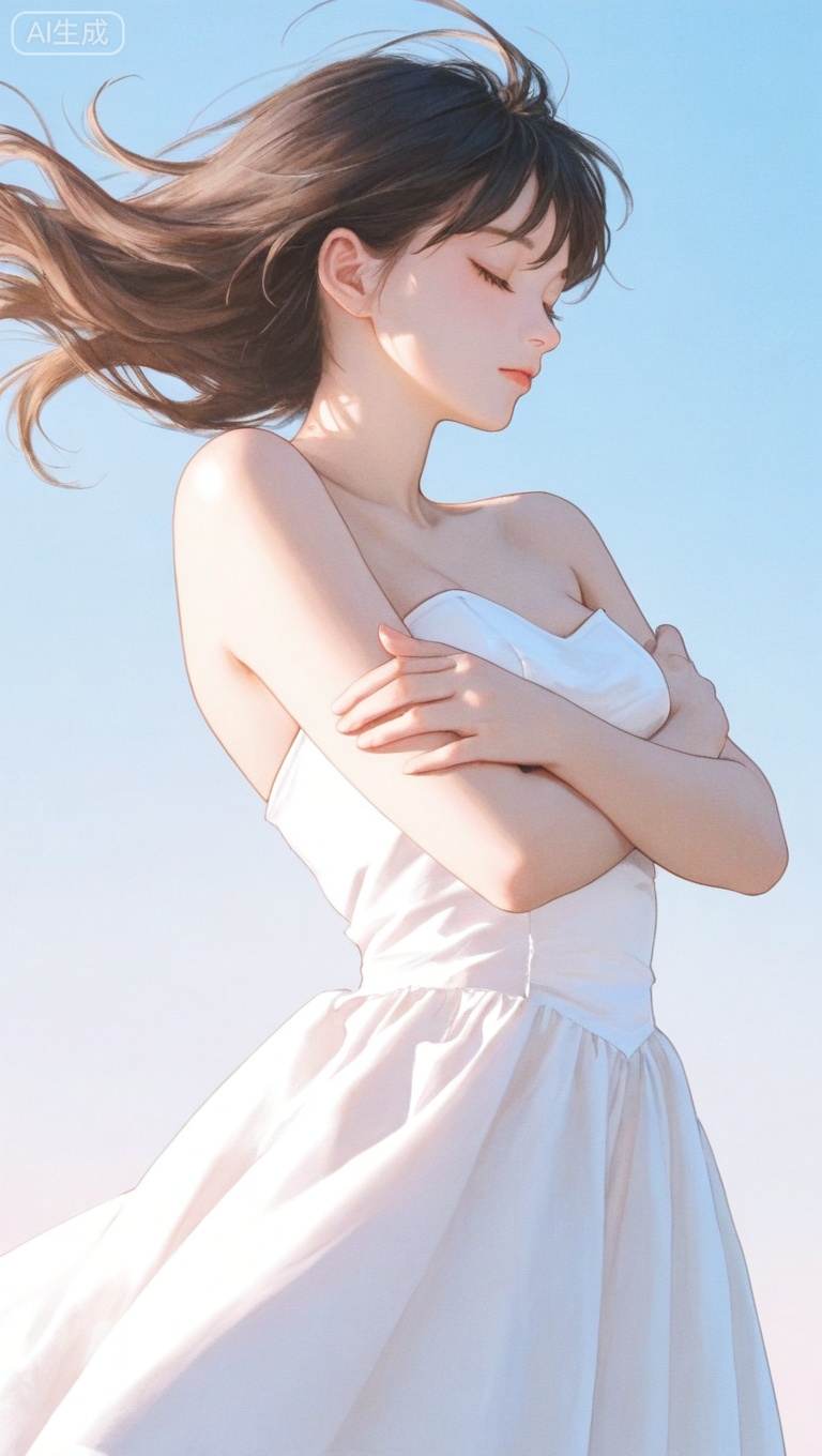 1girl, solo, alternate costume, breasts, dress, bare shoulders, closed eyes, hugging herself, arms crossed over chest, self-embrace, white dress, strapless, floating hair, strapless dress,anime aesthetic,

masterpiece,extremely detailed,best quality,very aesthetic