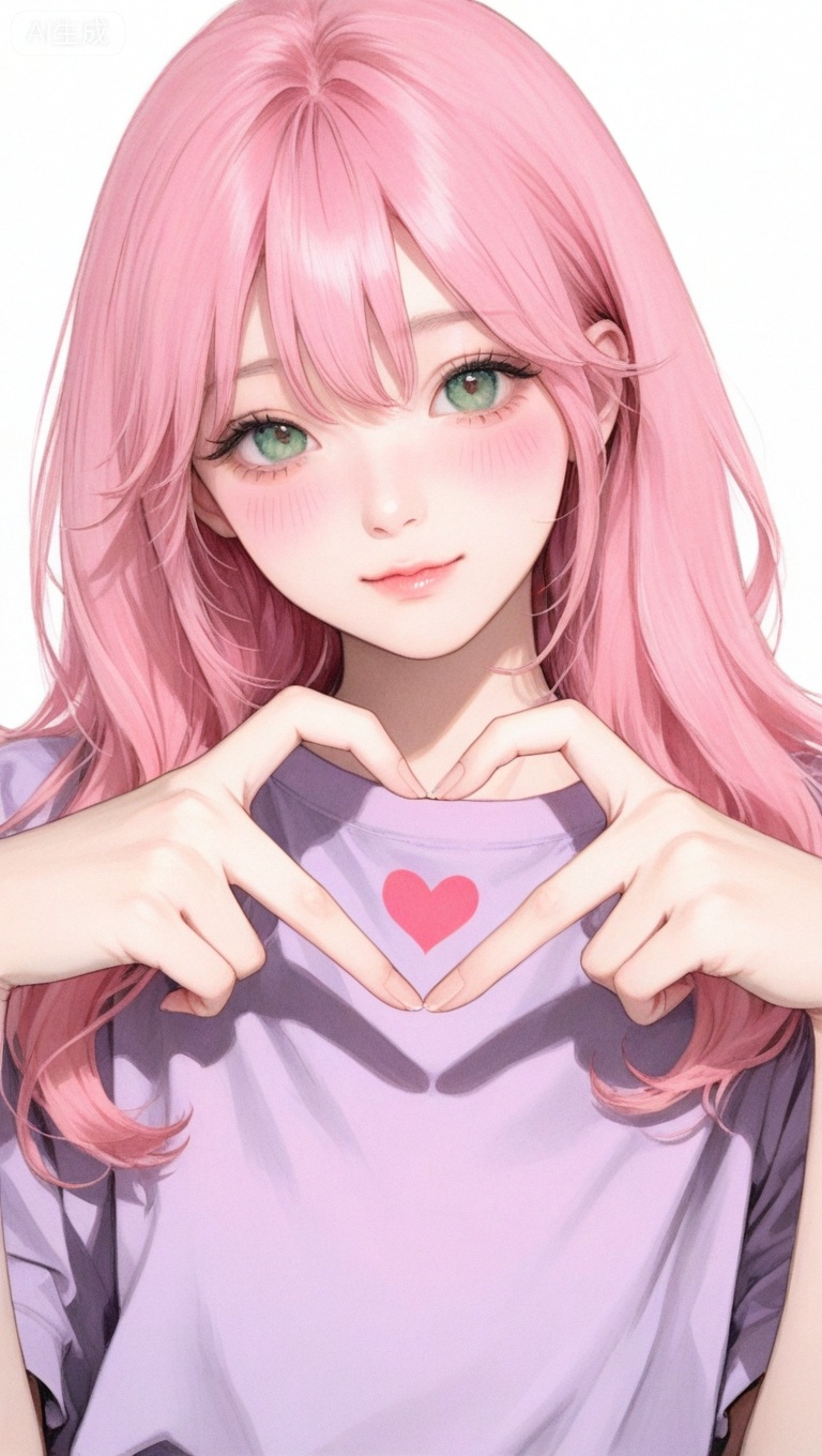 1girl, heart hands, solo, heart, green eyes, blush, white background, looking at viewer, star \(symbol\), simple background, pink hair, upper body, short sleeves, pink hair, shirt, long hair, purple shirt,

masterpiece,extremely detailed,best quality,very aesthetic


