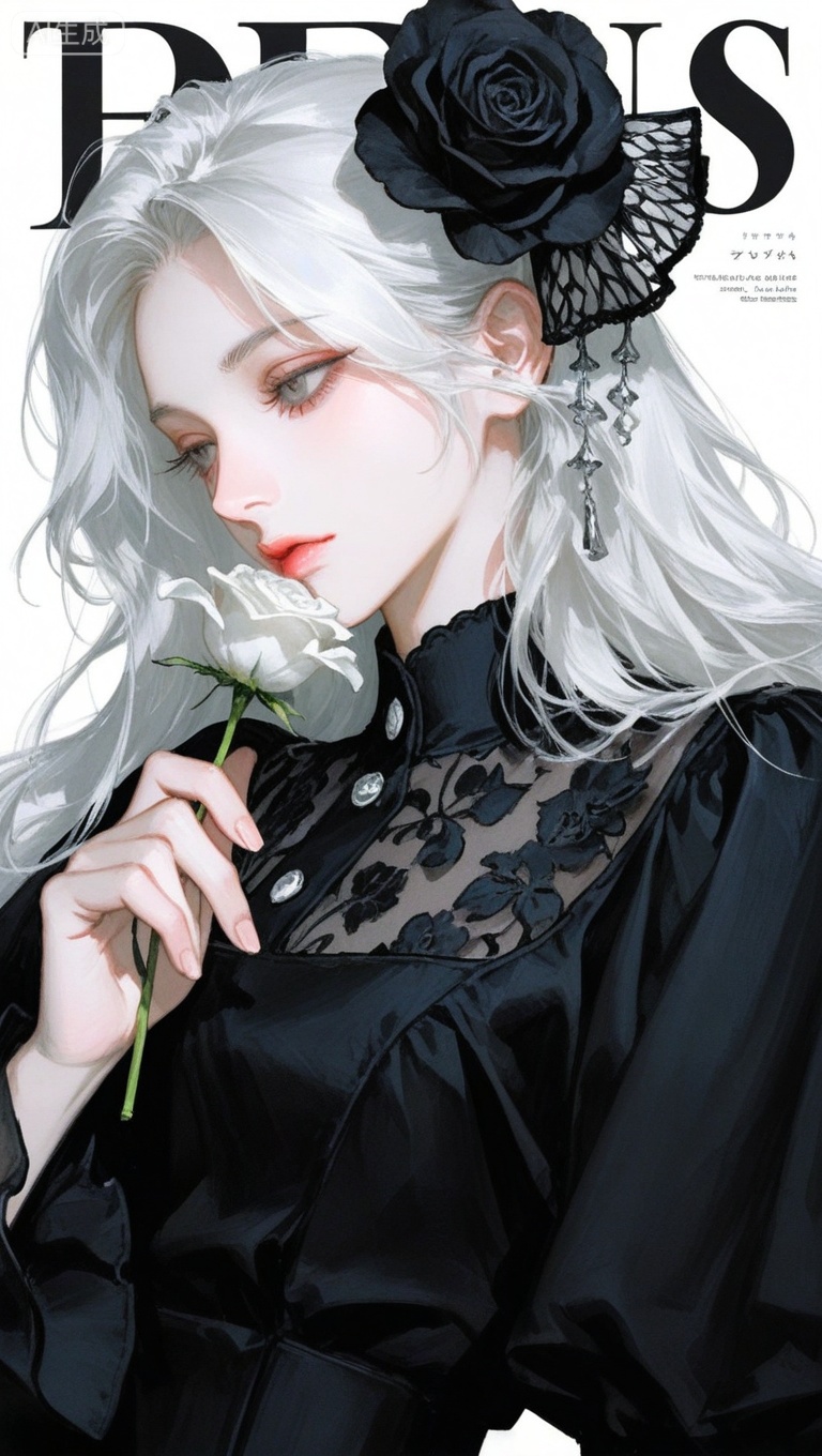 1girl,black_flower,flower,black_rose,solo,rose,hair_flower,hair_ornament,long_hair,holding,white_hair,holding_flower,white_flower,looking_at_audience,upper_body,white_background,white_rose,separate_sleeves,gray_eyes,dress,white_eyes,
yoneyama mai,hysp,zxww,dynamic_outline,Close-up details,solo,outstanding style,adding a touch of dimension to your images without compromising details,iridescent textures,delicate details,magical atmosphere,concept art,highly detailed,ultra-high resolution,32K UHD,sharp focus,best-quality,masterpiece,golden hour,unconventional supreme masterpiece,masterful details,with a high-end texture,in the style of fashion photography,magazine cover,Dynamic Angle,Dynamic posture,magazine cover,Dynamic Angle,Dynamic posture,(artist:quasarcake:0.8),extreme aesthetic,masterpiece,best quality,good quality,newest,year 2024,year 2023,very aesthetic,absurdres,Visual impact,ultra-high resolution,32K UHD,sharp focus,best-quality,masterpiece,Emotionalization,unconventional supreme masterpiece,masterful details,with a high-end texture,in the style of fashion photography,(Visual impact:1.2),giving the poster a dynamic and visually striking appearance,impactful picture,offcial art,splash of color,movie perspective,masterpiece,best quality,amazing quality,very aesthetic,absurdres,best quality,newest,mature,incredibly absurdres,huge filesize,wallpaper,
