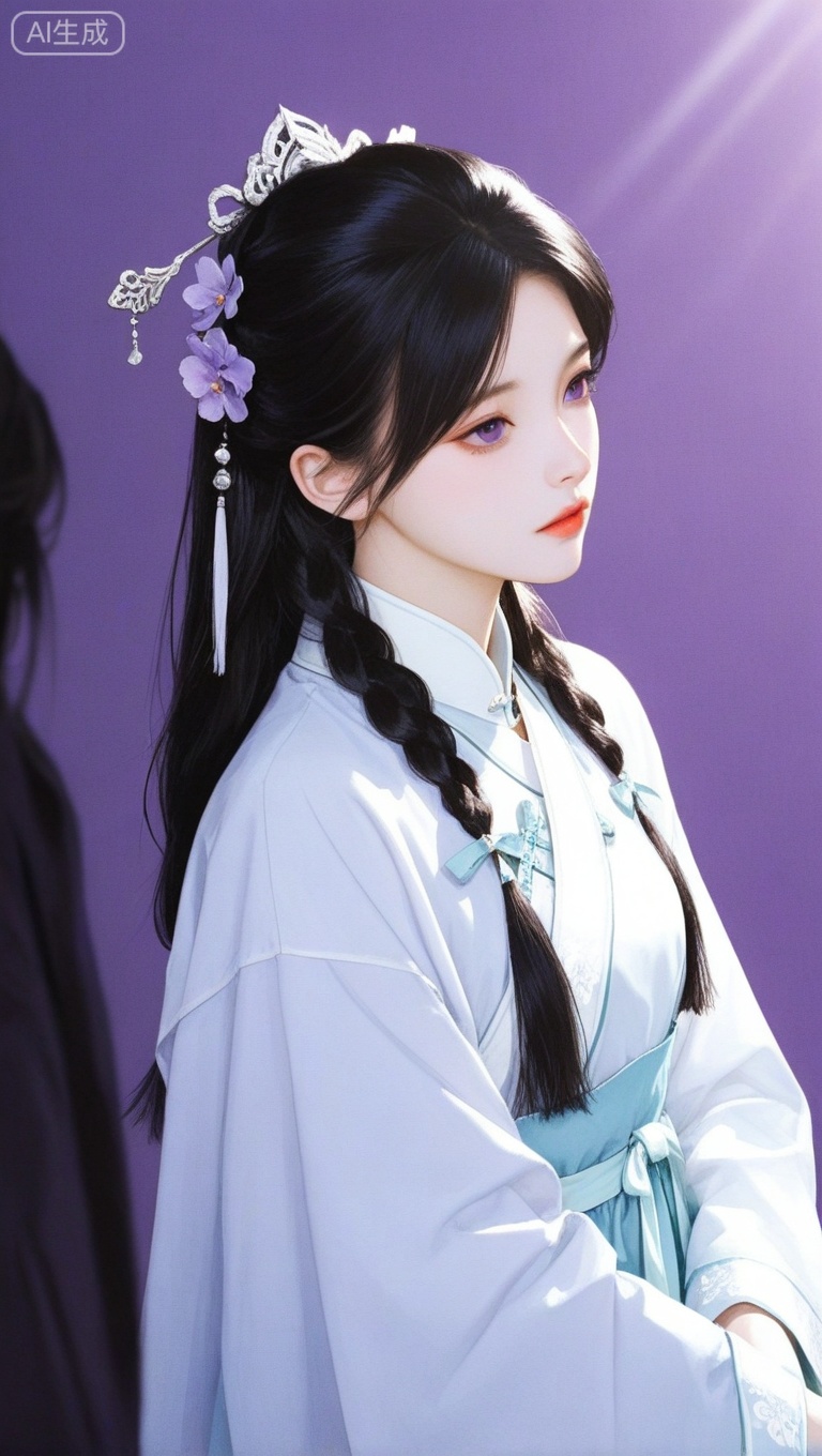A tension shot, an impact picture, official art, movie perspective, masterpiece, facing the camera, best quality, very aesthetic, very delicate beauty, huge file size, amazing quality, 32K UHD,solo_focus, (1 girl, black hair, braids, upper body), anime, long hair,solo, gaze at the audience, Purple background, standing, above waist, Female focus, Long sleeves, Chinese clothing, wide sleeves, Hanfu, Belt, fringe, ribbon decoration, lonely, black hair, purple eyes, long hair, hair accessories, eye hair accessories, white clothing.
Simple background, depth of field, sunlight, Reflection, superb detail, intricate detail, Soothing tones, High contrast, natural skin texture, soft light, sharp Ultra High resolution, 32K UHD,((medium_shot)), upper body,(gongbihua:1.3), Representative, High quality, (a painting style of Gongbi flower: 1.1), Chinese dress, solo, facing the audience, looking at the audience, Lilac flower.