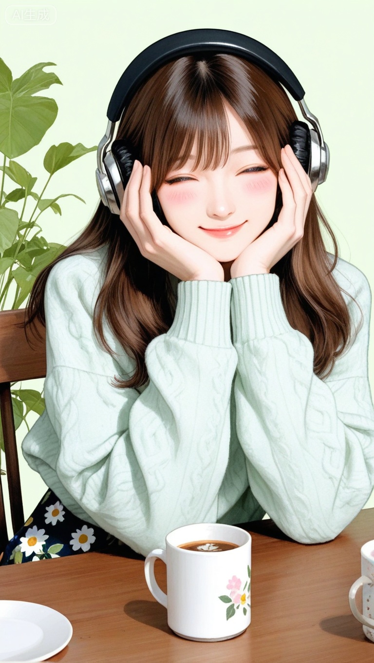 masterpiece, best quality, good quality, newest, highres, absurdres,1girl, solo, long hair, blush, smile, skirt, brown hair, long sleeves, holding, sitting, closed eyes, sweater, cup, headphones, floral print, table, plant, holding cup, facing viewer, hand on own face, green background, head rest, mug, listening to music, Flatline, Flat vector illustration,
klaus_style,      
