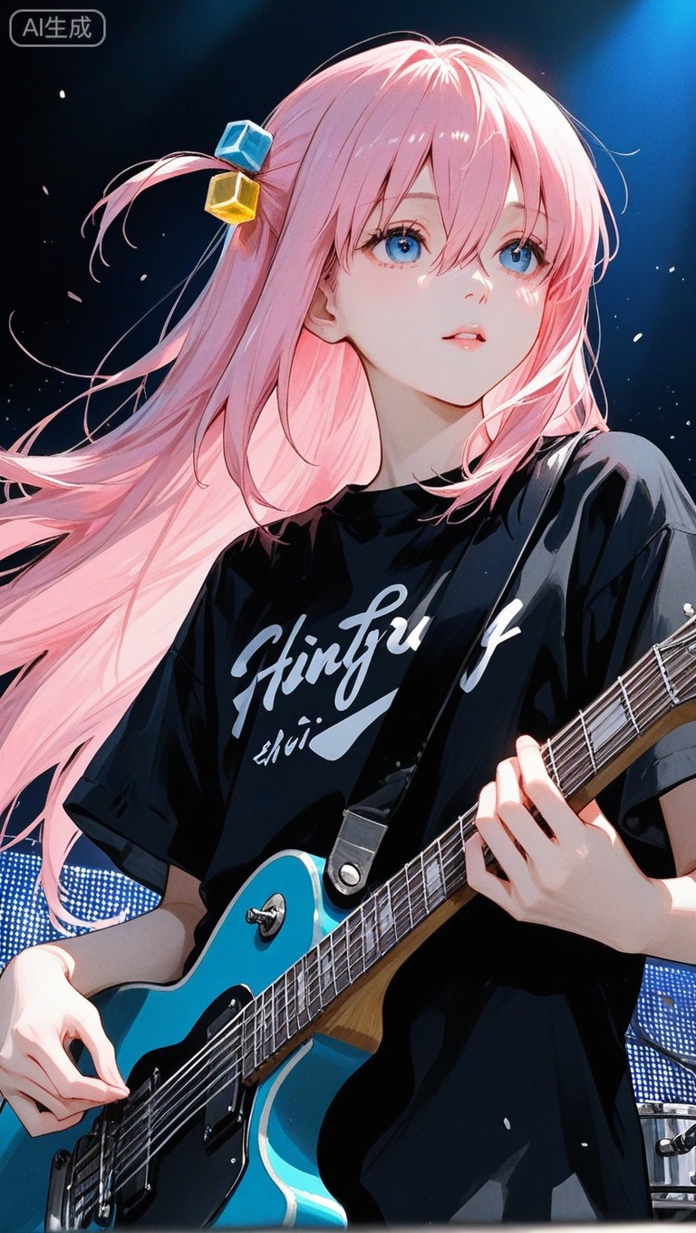 (best quality),(masterpiece),((beautiful:0.75) cute girl:0.75),[clear and clean] pixiv (illustration),gotou hitori,black shirt,concert,holding instrument,guitar,pink long hair,hair ornament,cube hair ornament,hair between eyes,bangs,blue eyes, concept art