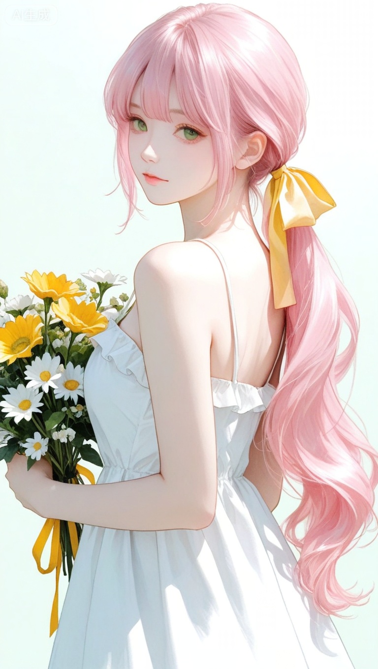 1girl, solo, long hair, looking at viewer, bangs, simple background, pink hair, dress, ribbon, holding, bare shoulders, green eyes, very long hair, closed mouth, pink hair, standing, hair ribbon, upper body, ponytail, flower, frills, sleeveless, white dress, from side, looking to the side, bare arms, sleeveless dress, leaf, white flower, low ponytail, yellow ribbon, bouquet, yellow flower, holding flower, spaghetti strap, sundress, holding bouquet,

masterpiece,extremely detailed,best quality,very aesthetic

