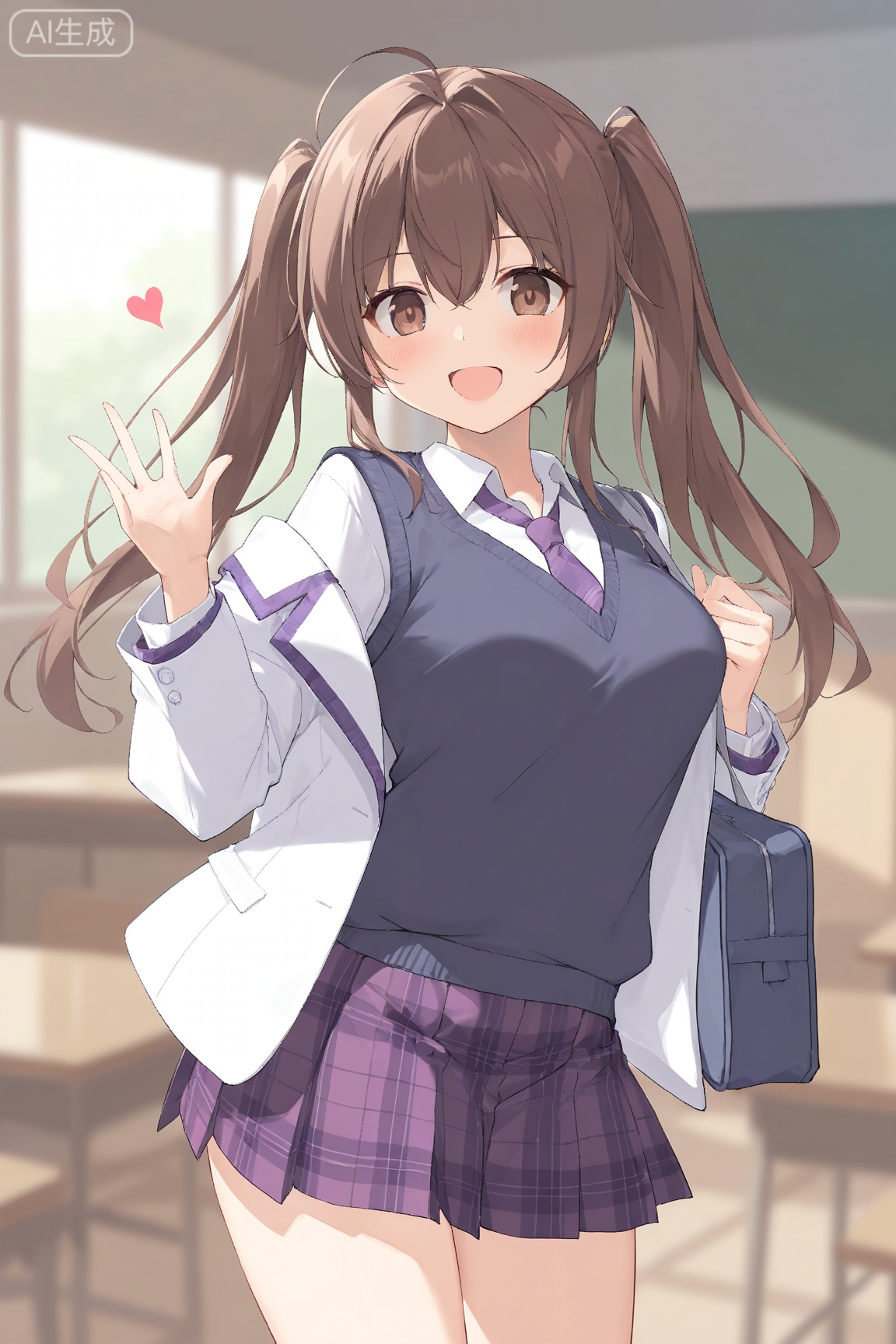 1girl, solo, long hair, breasts, looking at viewer, blush, smile, open mouth, bangs, skirt, brown hair, shirt, long sleeves, hair between eyes, twintails, brown eyes, medium breasts, school uniform, jacket, white shirt, ahoge, :d, heart, pleated skirt, open clothes, collared shirt, indoors, hand up, off shoulder, bag, vest, open jacket, plaid, plaid skirt, white jacket, sweater vest, school bag, purple skirt
master work,32K,UHD,perfect work,masterpiece,best quality,high quality,ultra-detailed,