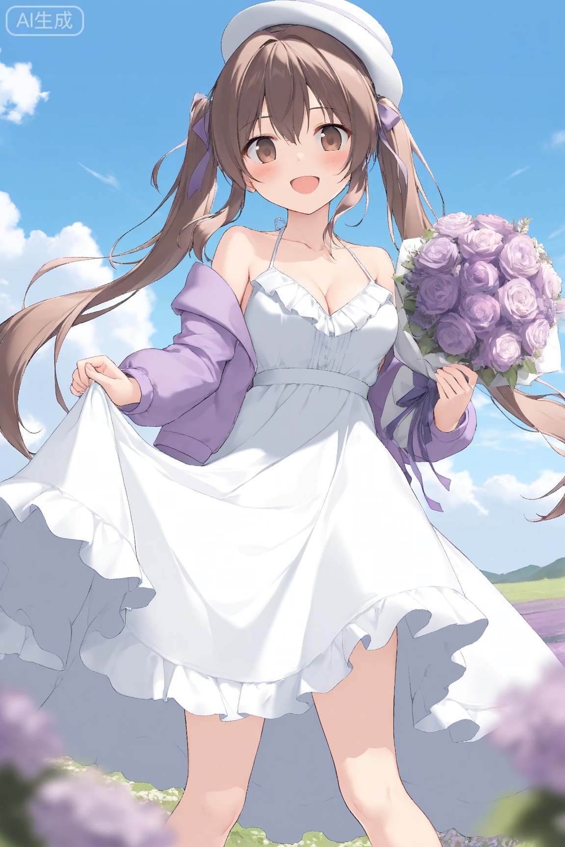 1girl, solo, long hair, breasts, looking at viewer, blush, smile, open mouth, bangs, brown hair, long sleeves, hat, dress, bow, ribbon, holding, cleavage, hair between eyes, bare shoulders, twintails, brown eyes, very long hair, standing, collarbone, jacket, hair ribbon, flower, :d, hair bow, outdoors, frills, open clothes, sky, sleeveless, day, cloud, off shoulder, white dress, blurry, open jacket, blue sky, sleeveless dress, depth of field, feet out of frame, halterneck, white headwear, frilled dress, headwear removed, hat removed, blurry foreground, bouquet, skirt hold, purple flower, purple jacket, holding bouquet
master work,32K,UHD,perfect work,masterpiece,best quality,high quality,ultra-detailed,