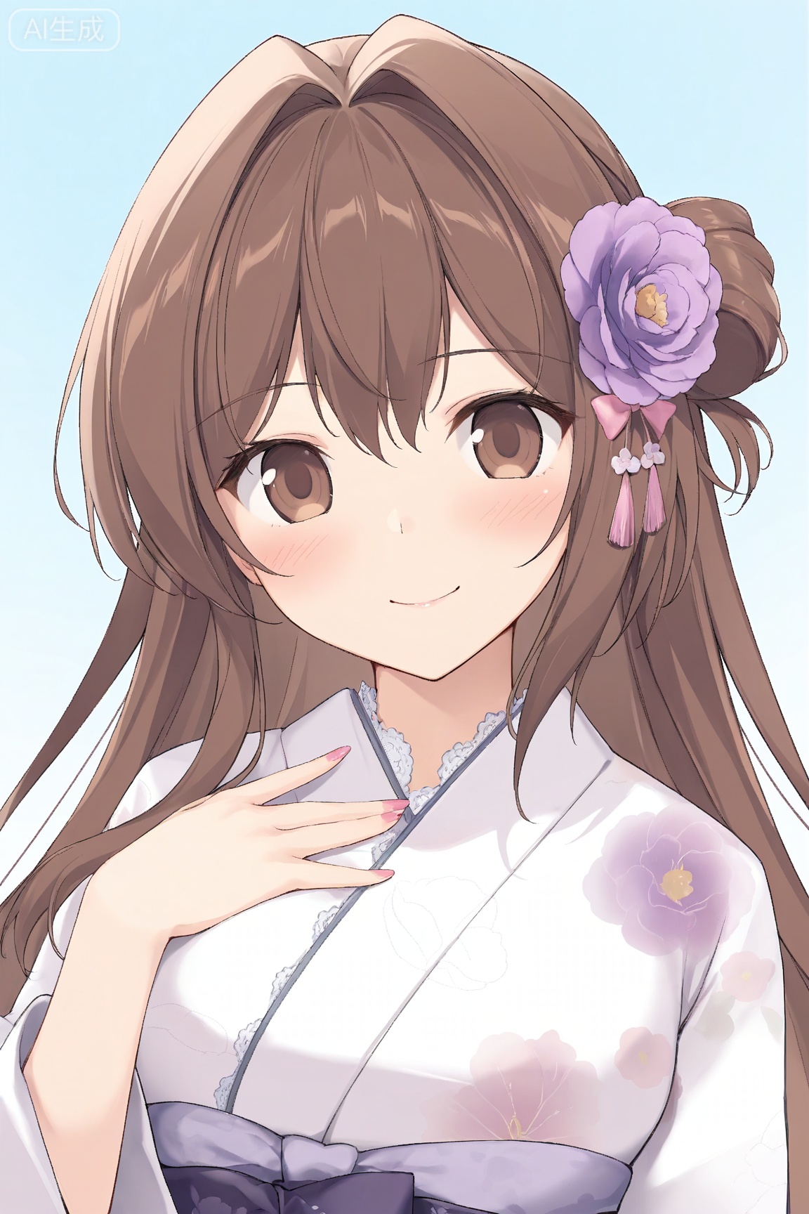 1girl
solo
long hair
looking at viewer
blush
smile
brown hair
hair ornament
bow
hair between eyes
closed mouth
brown eyes
upper body
flower
japanese clothes
hand up
hair flower
kimono
hair bun
fingernails
head tilt
gradient background
blue background
hair intakes
floral print
single hair bun
portrait
hand on own chest
pink flower
pink nails
lace
white kimono
purple flower
single side bun
print kimono
master work,32K,UHD,perfect work,masterpiece,best quality,high quality,ultra-detailed,