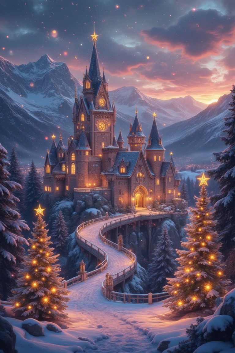 The image depicts a picturesque winter scene with a grand,  ornate castle illuminated by warm,  golden lights. The castle...