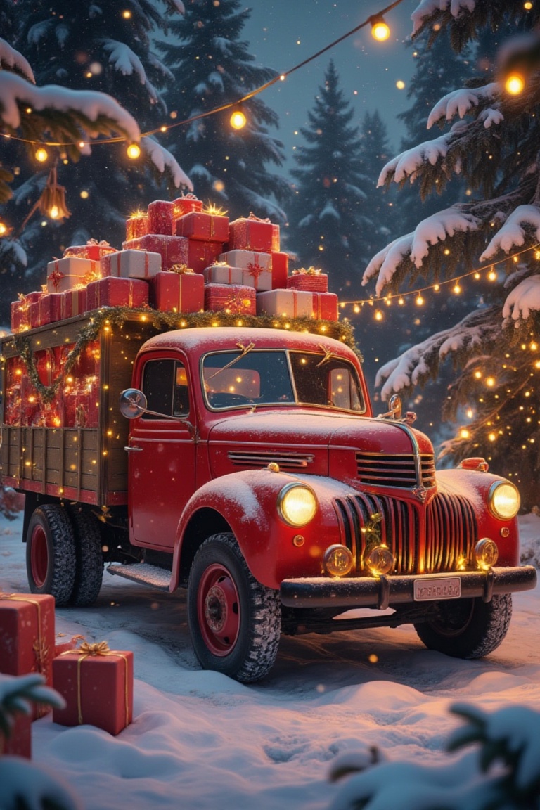 The image depicts a festive scene with a red vintage truck adorned with Christmas decorations. The truck is covered in a l...