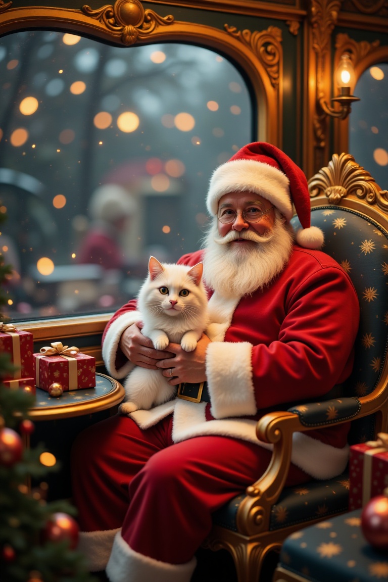 The image depicts a cozy and festive scene with a person dressed as Santa Claus sitting on an ornate,  golden chair. The i...