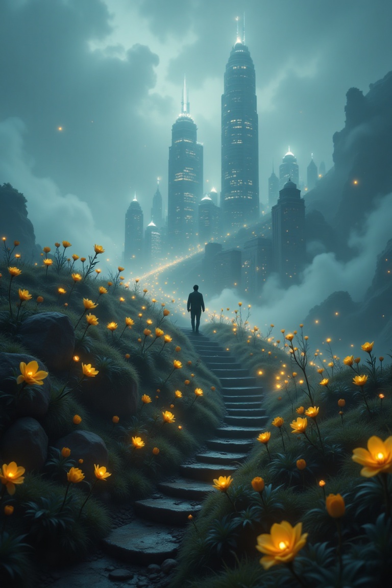 Surreal digital art of a fabulous landscape: a lone silhouette on a staircase winding up a hill strewn with thousands of g...