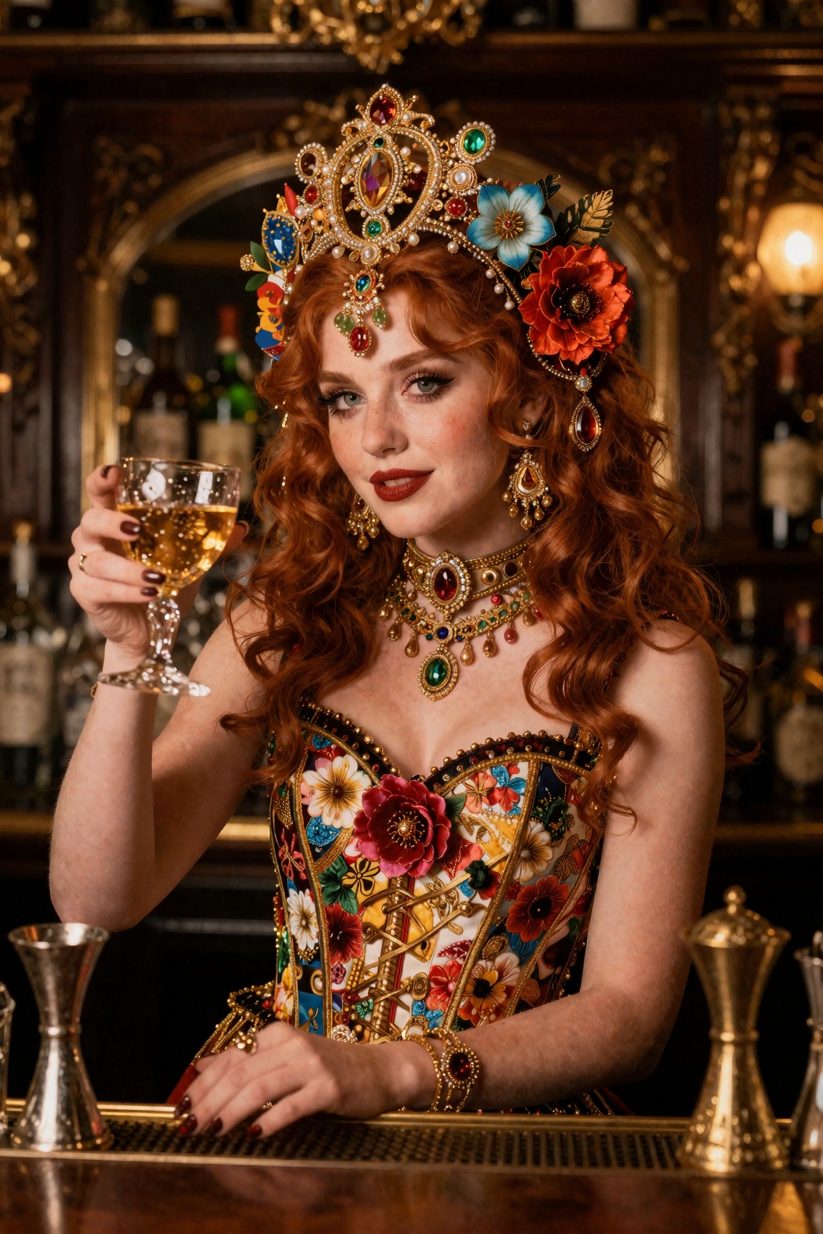 Fujifilm Pro,  a 22yo ginger bartender woman in an old Irish pub wearing a corset floral choker,  flower in hair. luxury a...