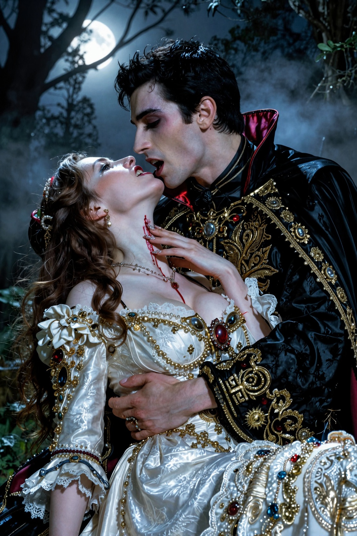 A moonlit forest. A handsome vampire male biting the neck of a swooning human female in a Victorian nightgown. Blood trick...