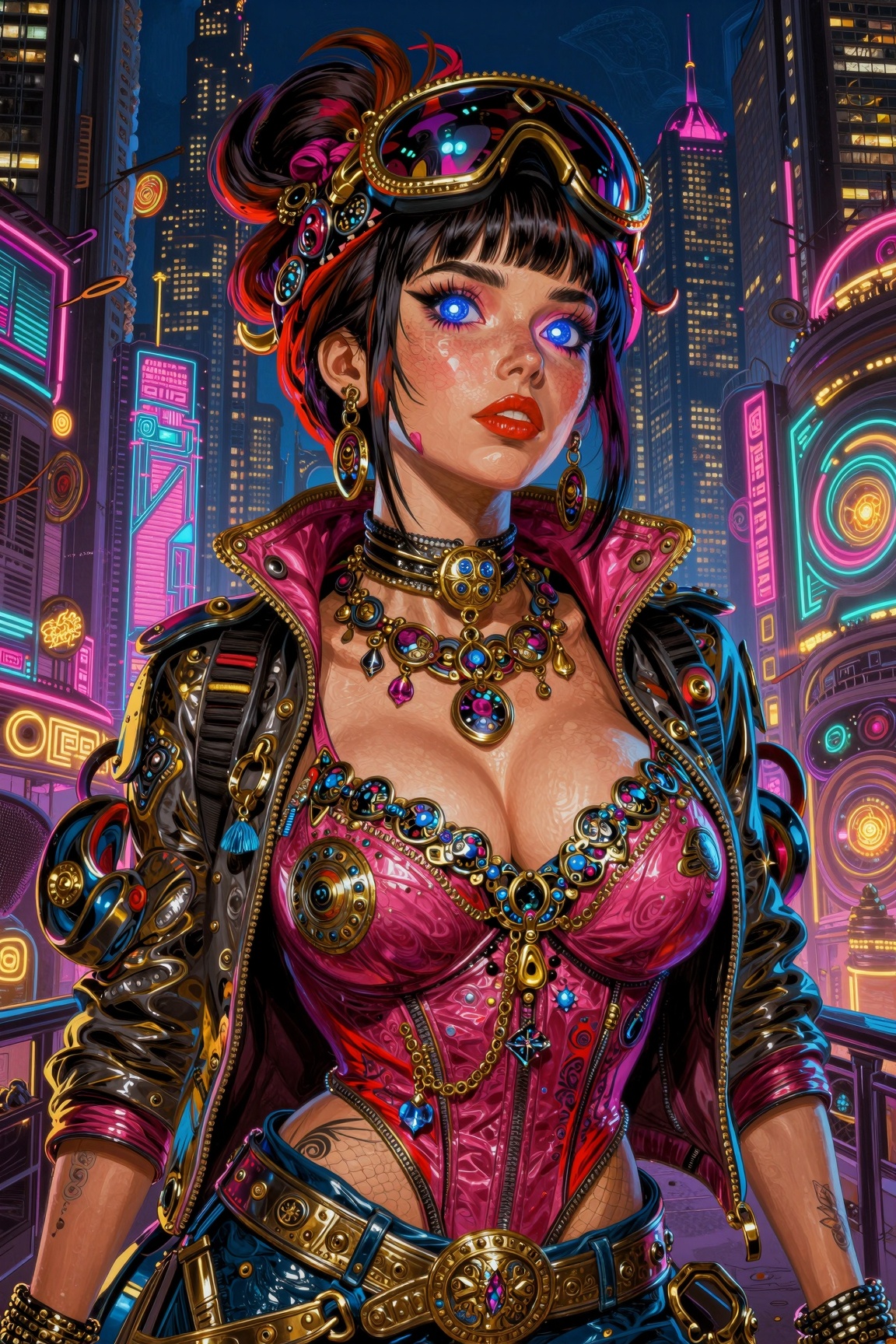 In a gritty cyberpunk metropolis,  Dora the Explorer morphs into a stunning digital painting,  bathed in neon hues and hig...