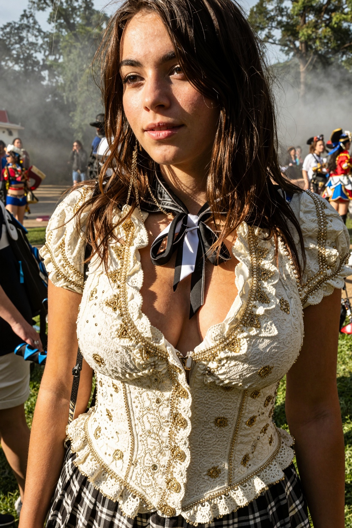 a beautiful 22 years old female student,  ultra detailed texture French haute couture schoolgirl outfit . candid photo,  s...