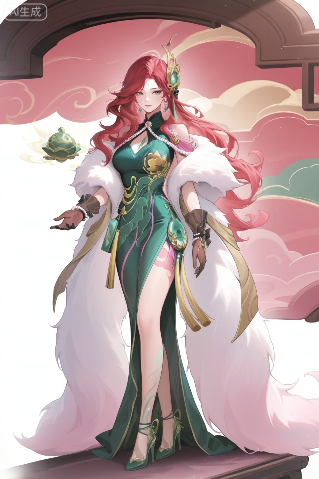 1girl,standing,simple background,white background,solo,red-pink long hair,green eyes,forehead mark,long hair,red-pink long hair,red hair,jewelry,earrings,breasts,cleavage,,hair ornament,dress,green dress,china dressclothing cutout,cleavage cutout,white fur stole,tassel,brown gloves,black gloves,see-through,see-through gloves,bow gloves,pearl bracelet,pearl,green footwear,high heels,green high heels,gold trim high heels,leg tattoo,bare legs,jade pendant,waist pendant,ribbon trim,