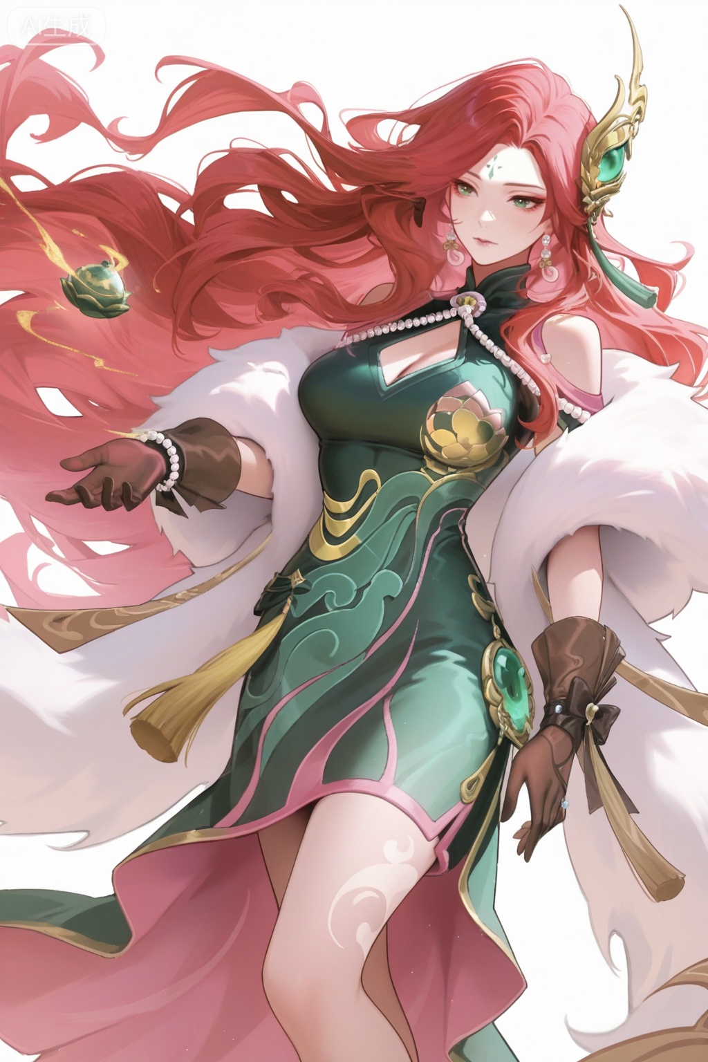 1girl,standing,simple background,white background,solo,red-pink long hair,green eyes,forehead mark,long hair,red-pink long hair,red hair,jewelry,earrings,breasts,cleavage,,hair ornament,dress,green dress,china dressclothing cutout,cleavage cutout,white fur stole,tassel,brown gloves,black gloves,see-through,see-through gloves,bow gloves,pearl bracelet,pearl,green footwear,high heels,green high heels,gold trim high heels,leg tattoo,bare legs,jade pendant,waist pendant,ribbon trim,