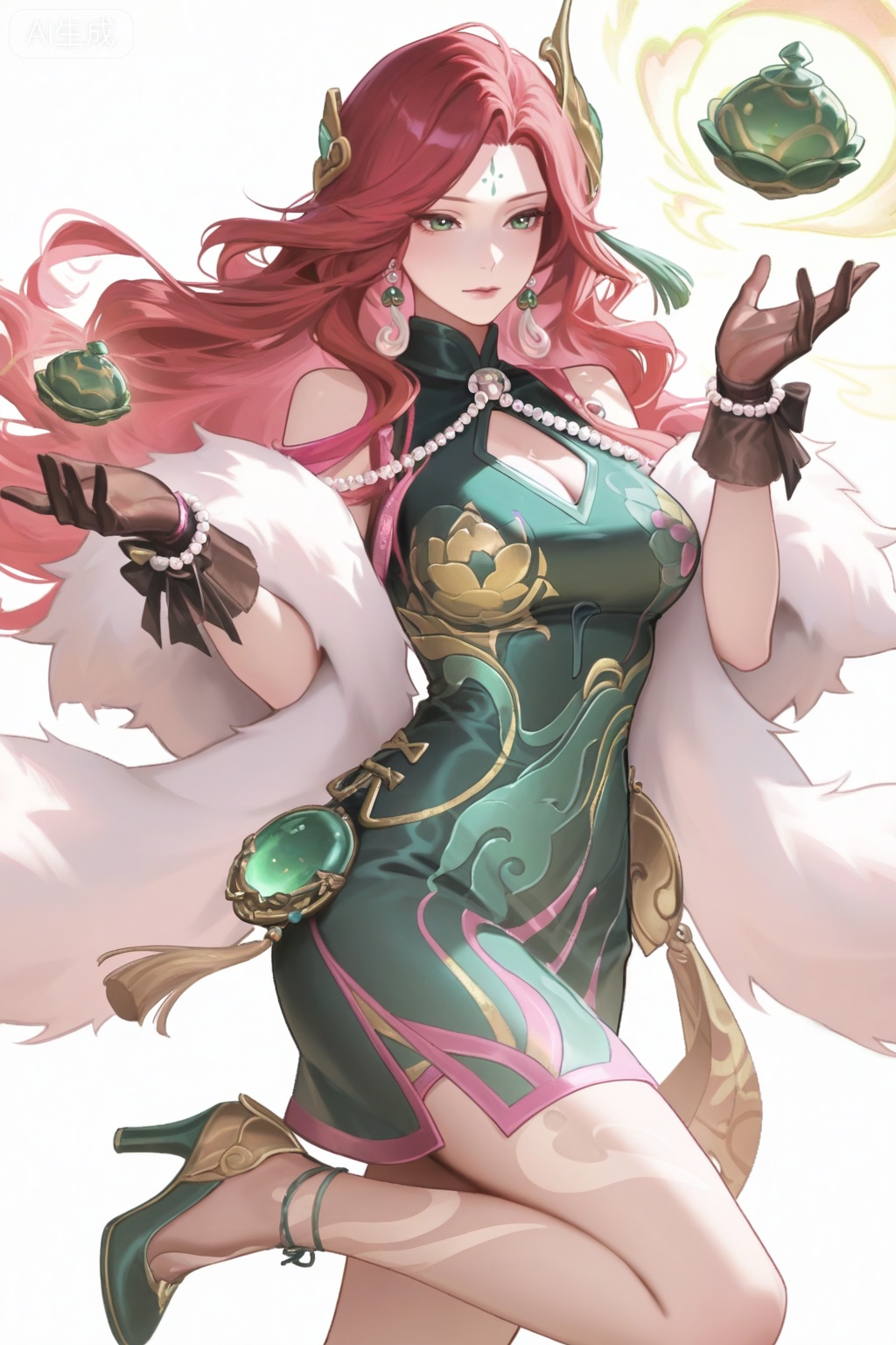 1girl,standing,simple background,white background,solo,red-pink long hair,green eyes,forehead mark,long hair,red-pink long hair,red hair,jewelry,earrings,breasts,cleavage,intricate details,hair ornament,dress,green dress,china dress,green qipao with patterns,qipao high collar with pearl decorations,clothing cutout,cleavage cutout,white fur stole,tassel,brown gloves,black gloves,see-through,see-through gloves,bow gloves,pearl bracelet,pearl,green footwear,high heels,green high heels,gold trim high heels,leg tattoo,leg decoration,bare legs,jade pendant,waist pendant,ribbon trim,